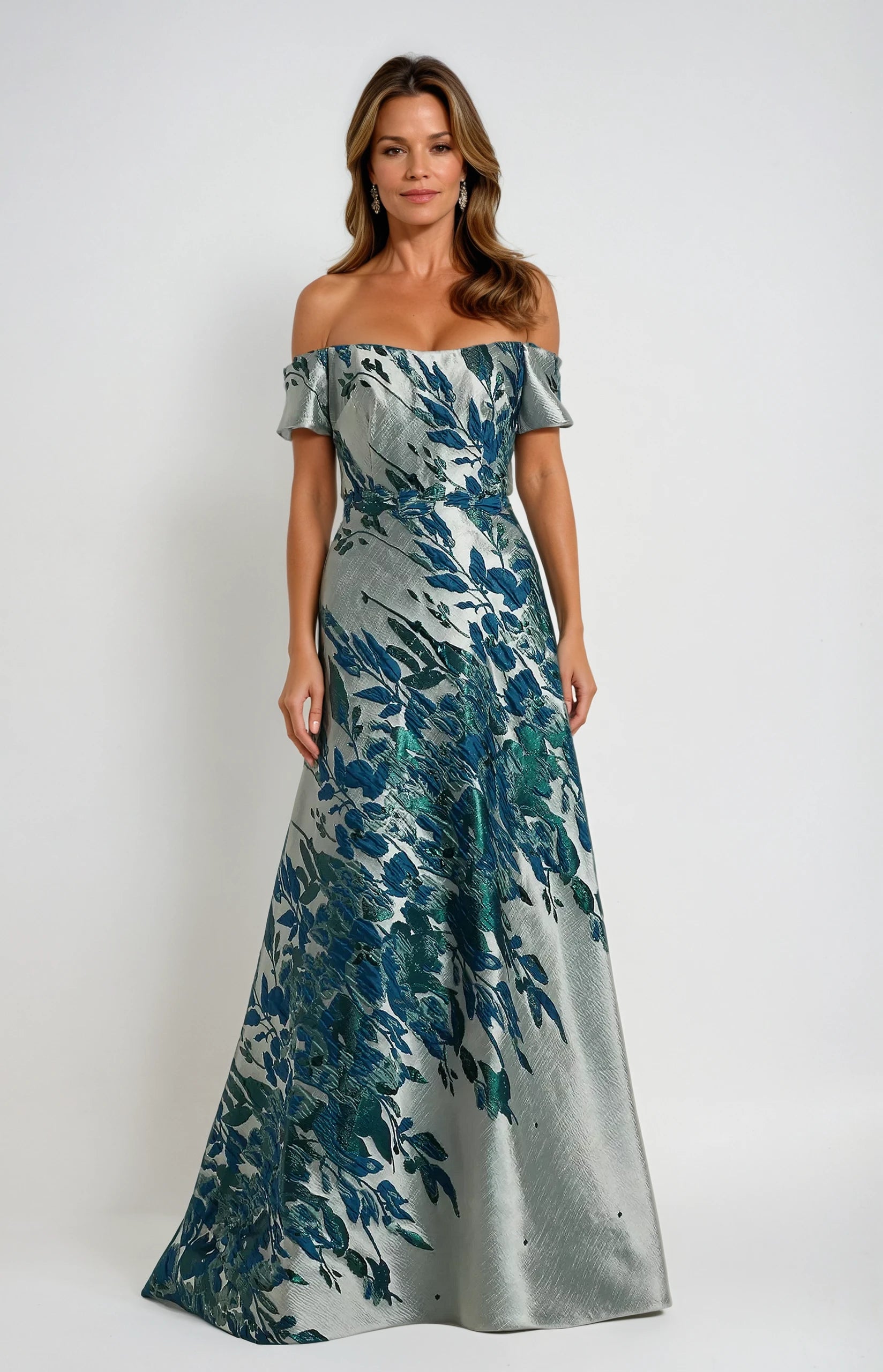 Off The Shoulder Bias Brocade Gown Gown Rene Ruiz Collection