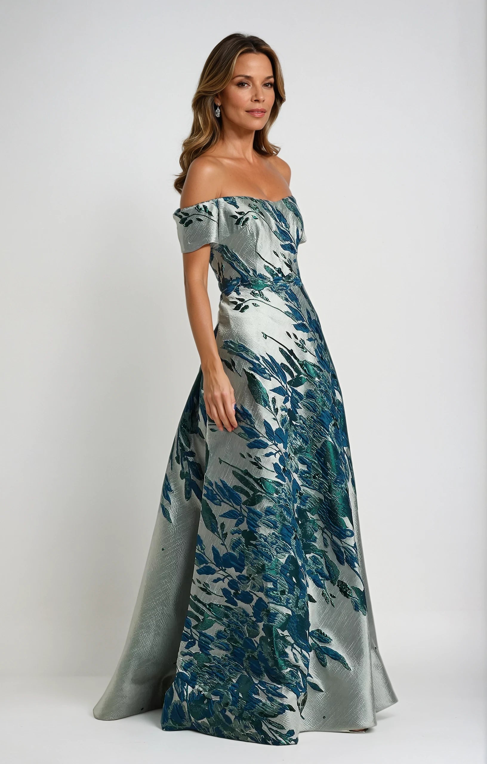 Off The Shoulder Bias Brocade Gown Gown Rene Ruiz Collection