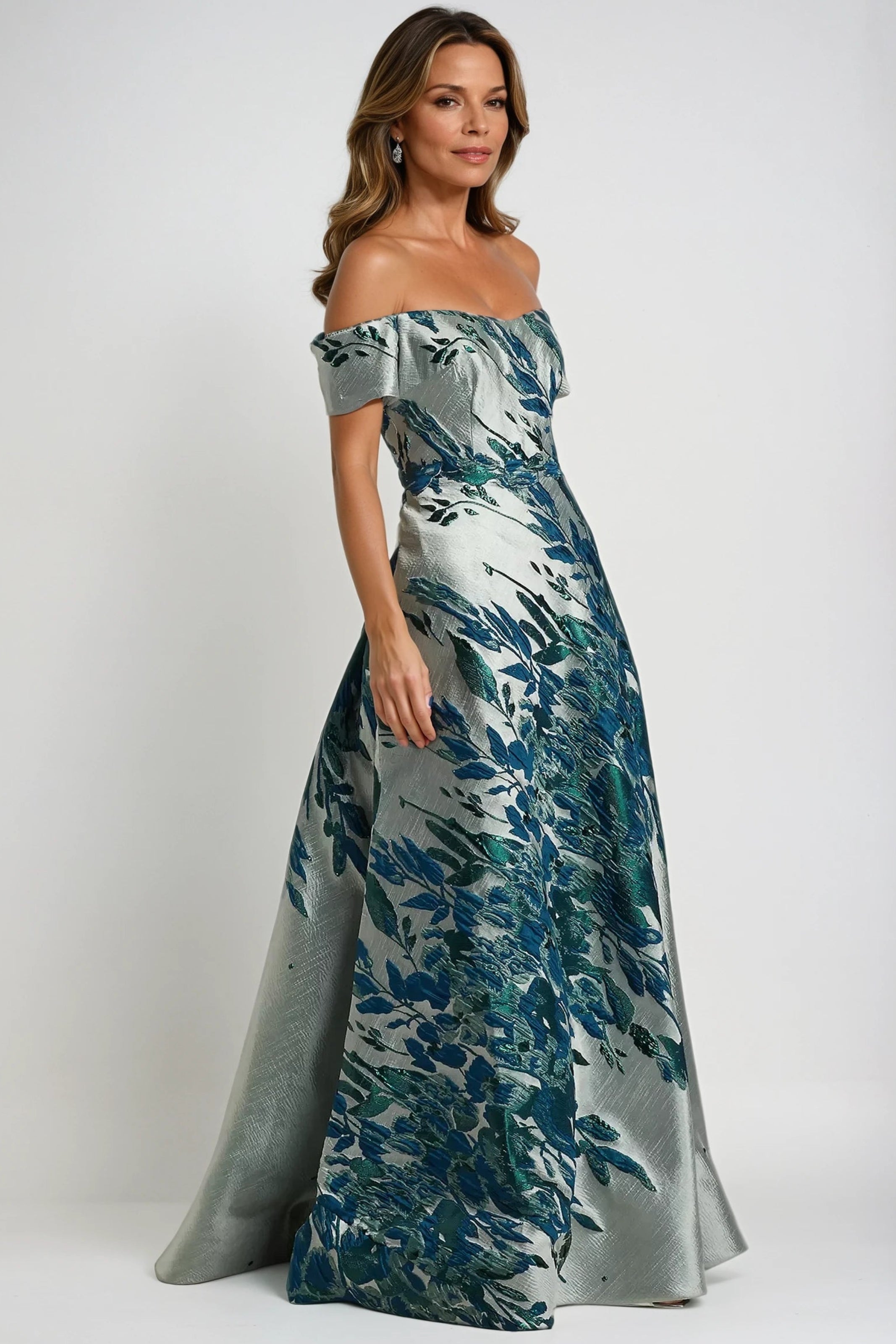 Off The Shoulder Bias Brocade Gown Gown Rene Ruiz Collection