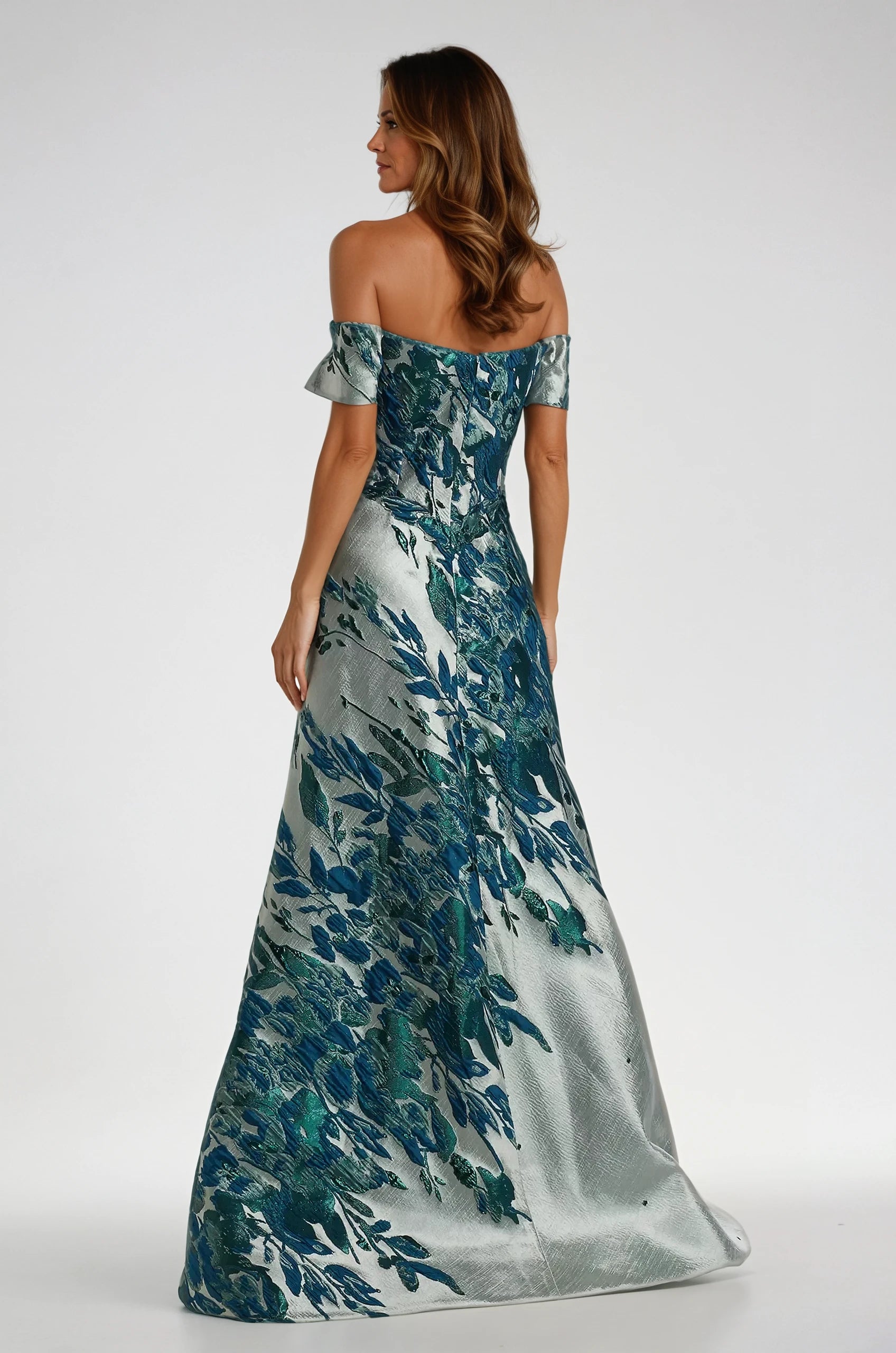 Off The Shoulder Bias Brocade Gown Gown Rene Ruiz Collection