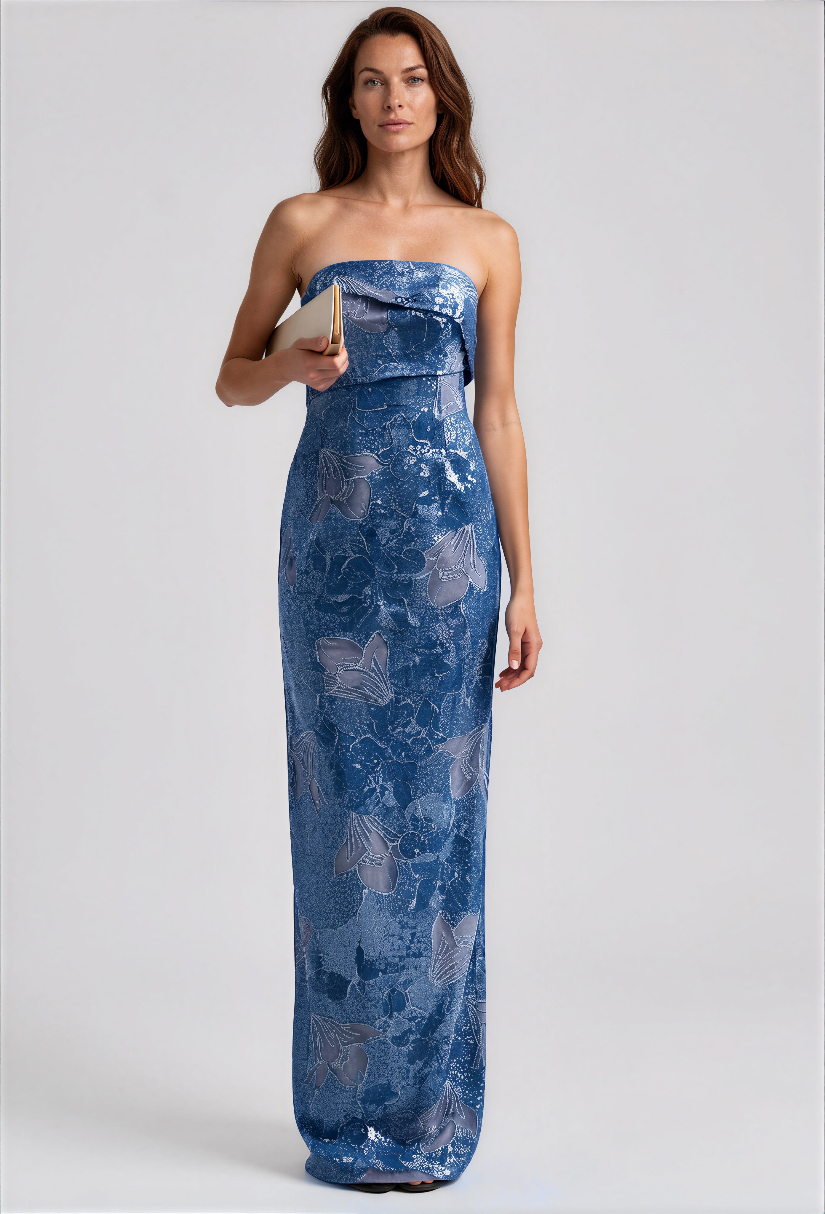 Embellished Floral Strapless Column Gown