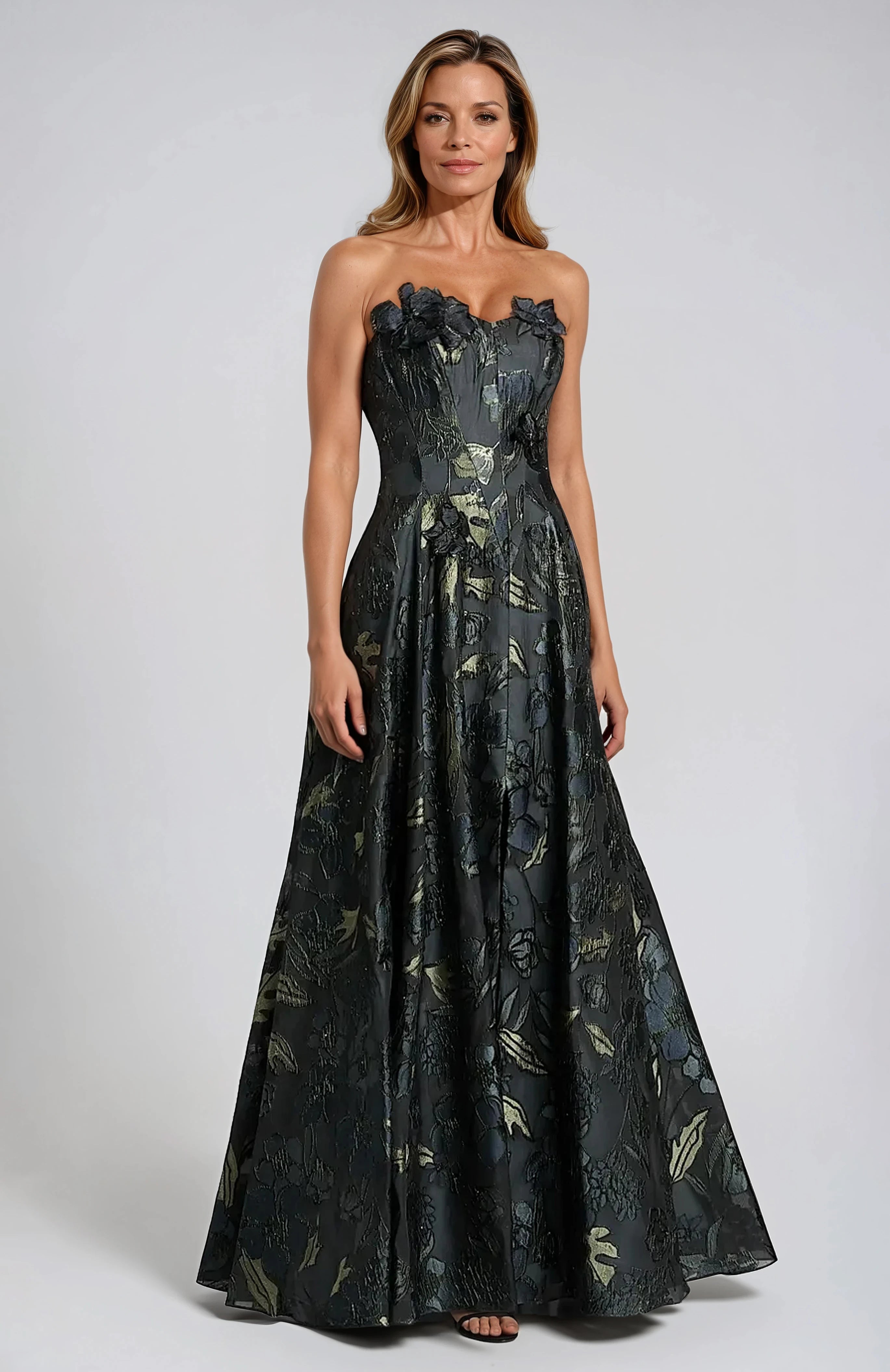 Floral-Appliqué Brocade Sweetheart Gown Gown Rene Ruiz Collection