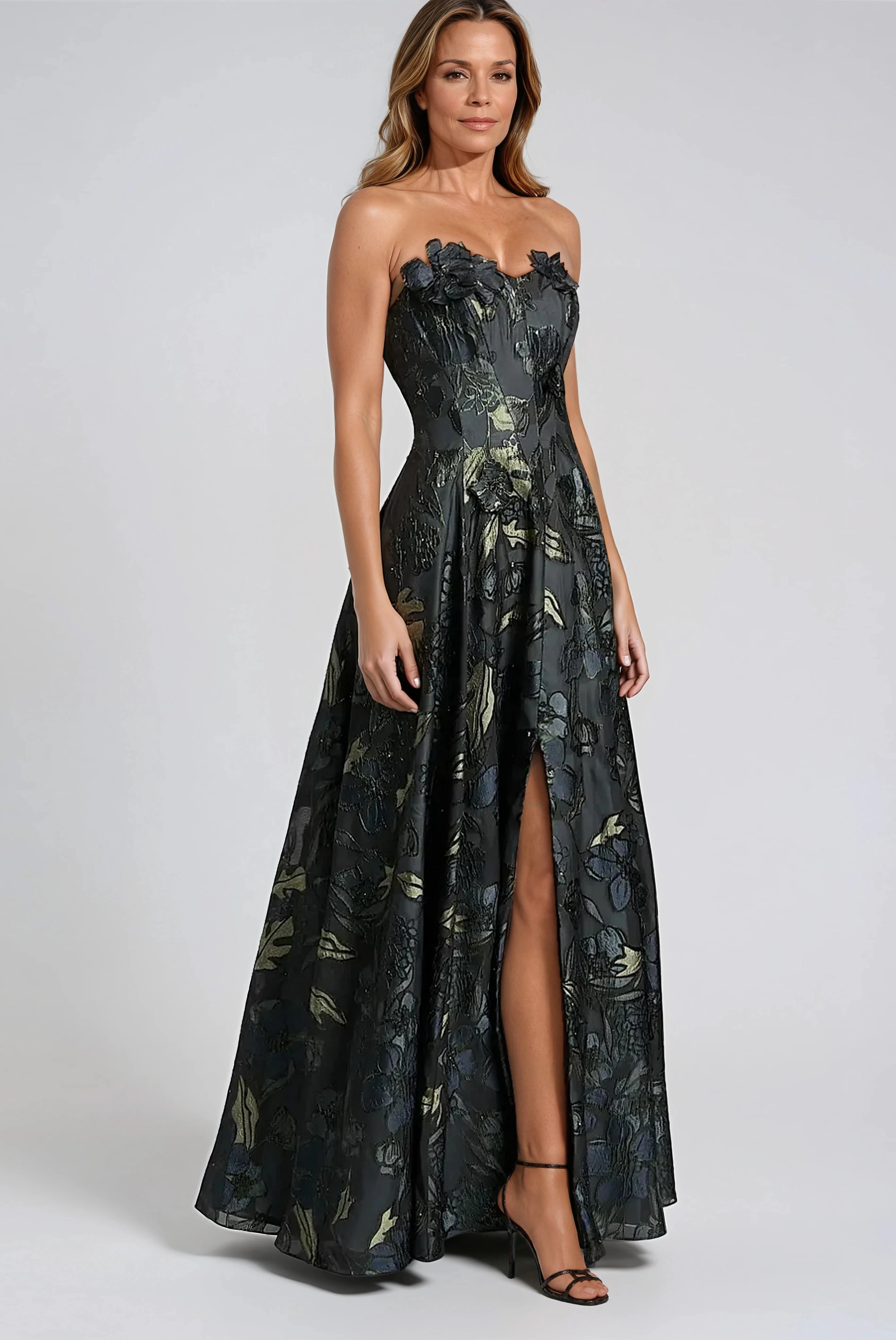 Floral-Appliqué Brocade Sweetheart Gown Gown Rene Ruiz Collection