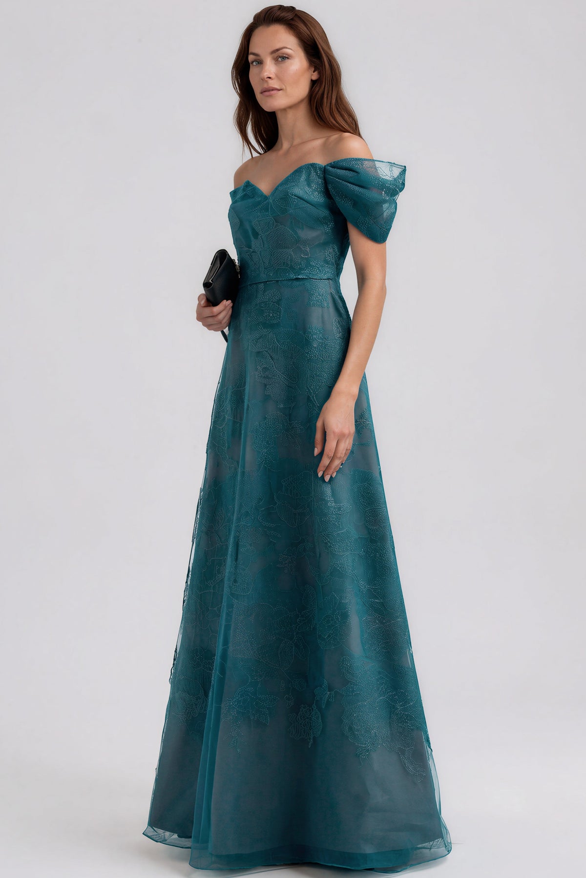 Off The Shoulder Floral Embroidered A-Line Gown with Flutter Sleeves Gown Rene Ruiz Collection
