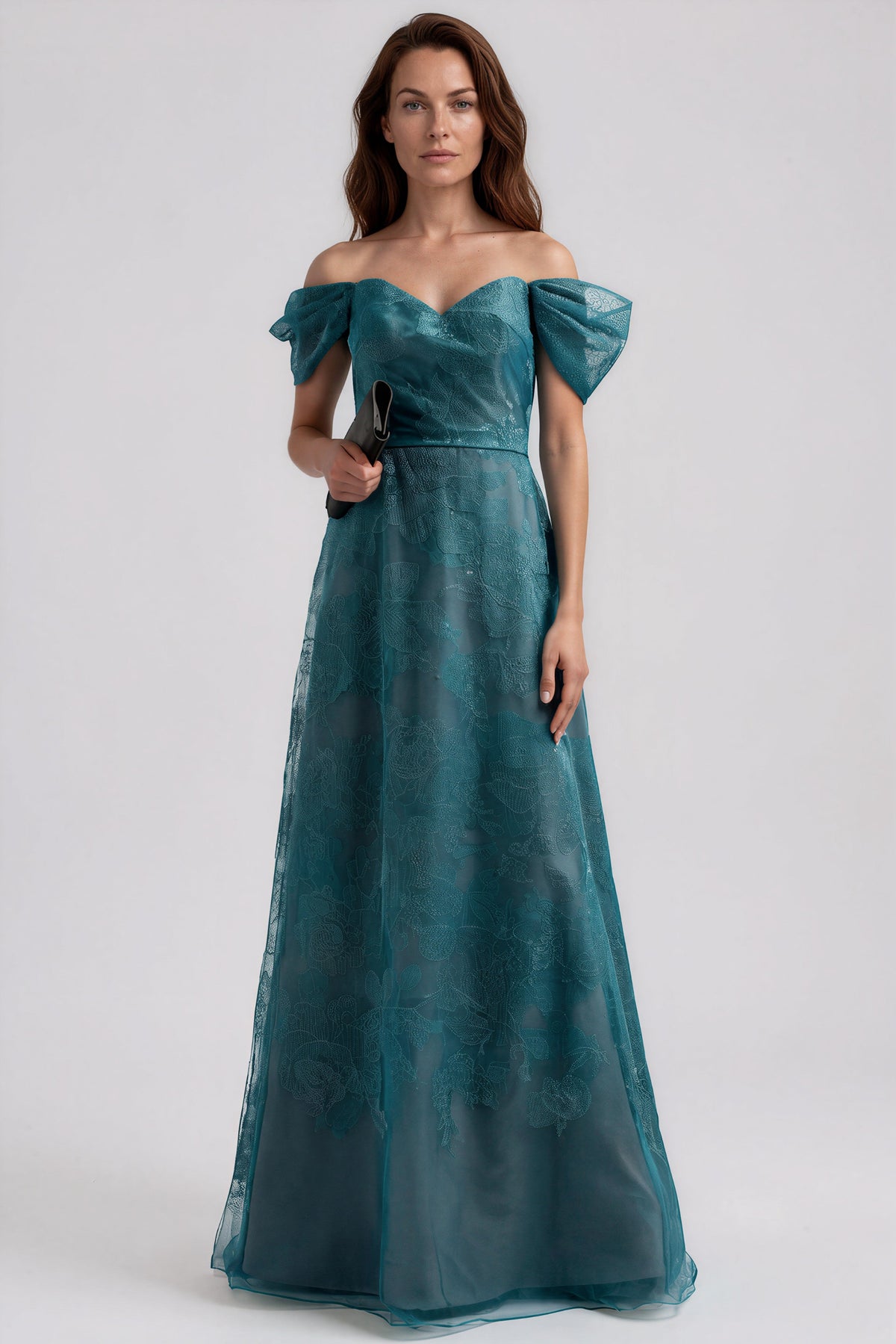 Off The Shoulder Floral Embroidered A-Line Gown with Flutter Sleeves Gown Rene Ruiz Collection