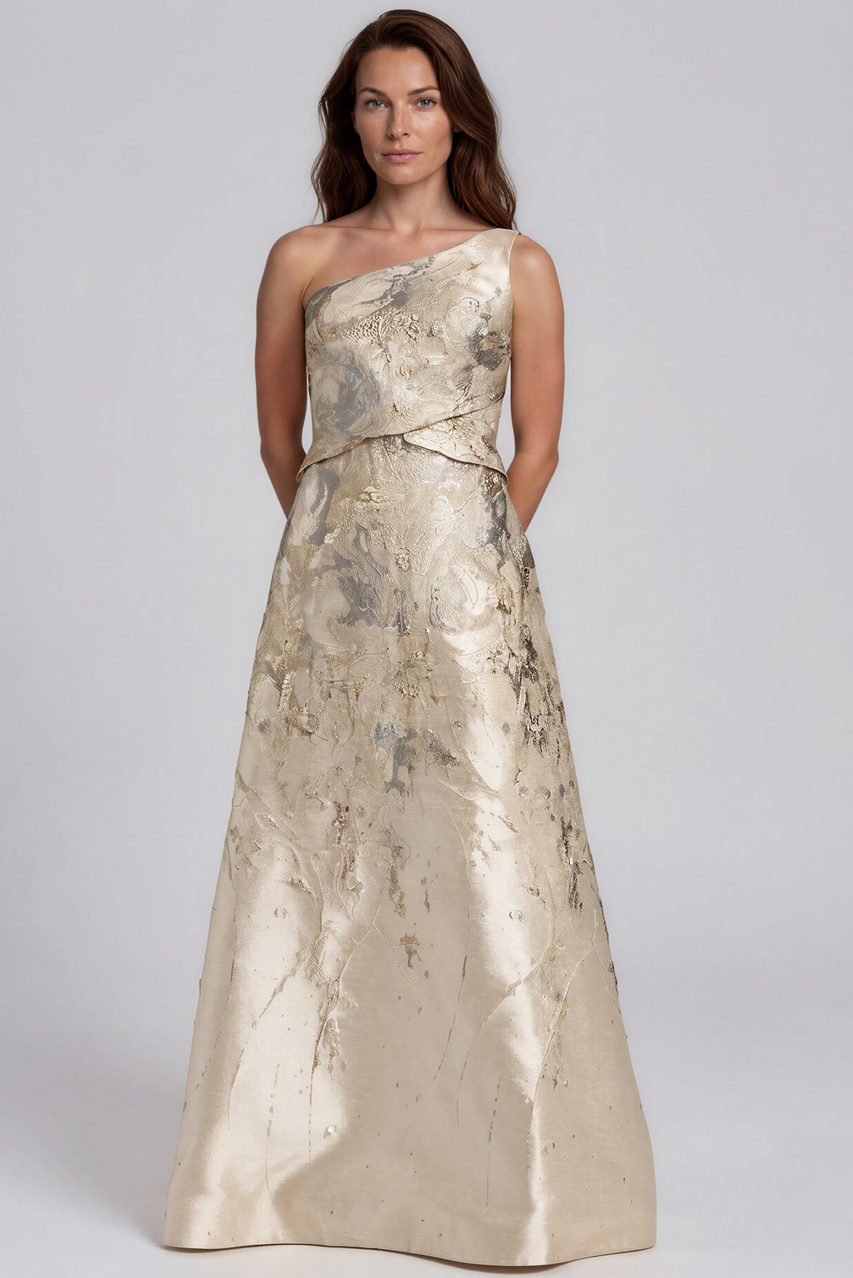 One Shoulder Brocade Metallic A-Line Gown Gown Rene Ruiz Collection
