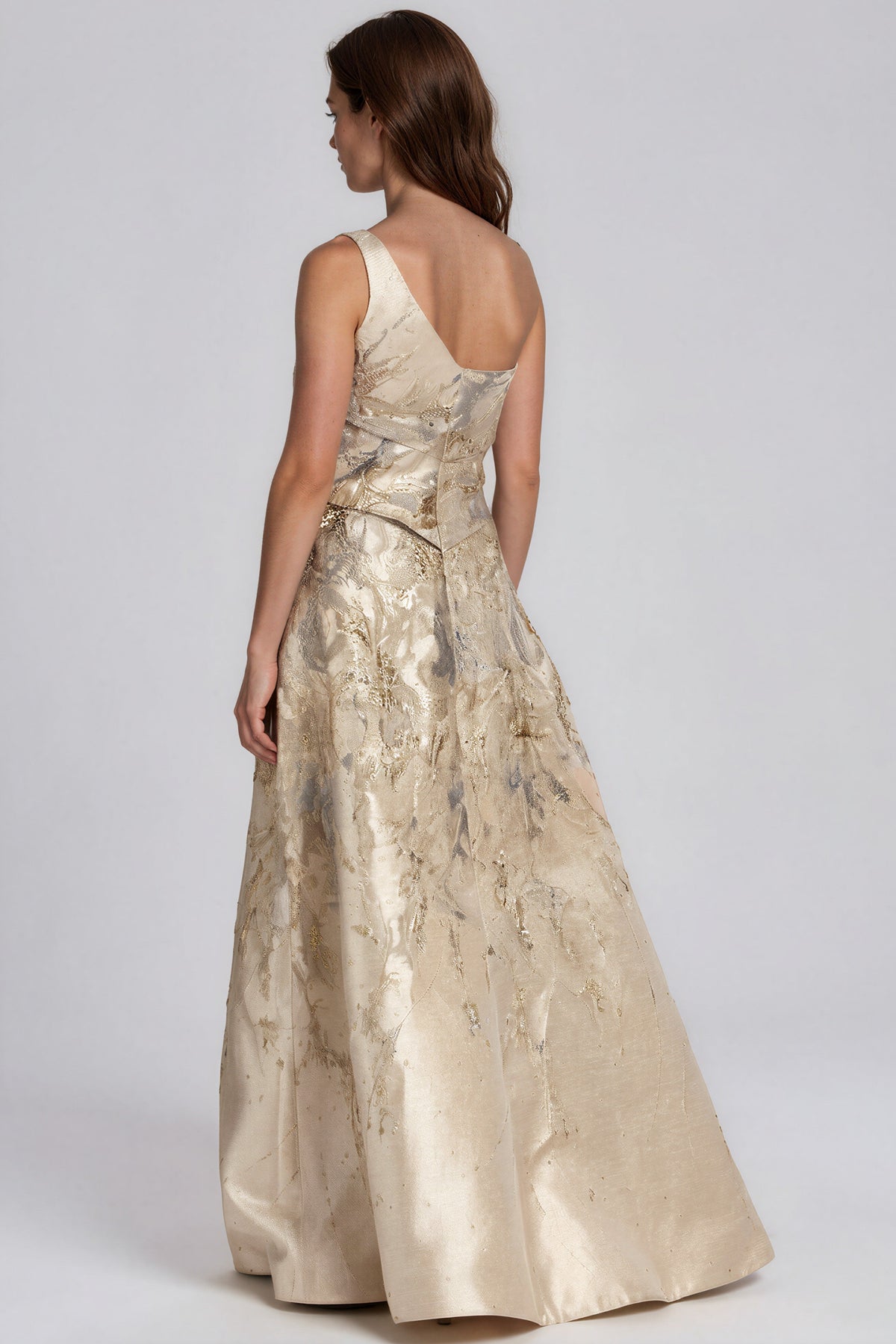 One Shoulder Brocade Metallic A-Line Gown Gown Rene Ruiz Collection