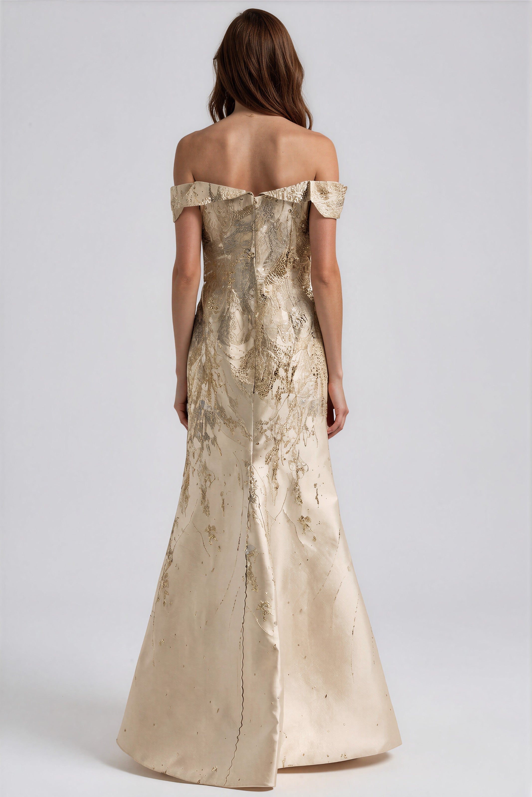 Off The Shoulder Metallic Brocade Fit And Flare Gown Gown Rene Ruiz Collection