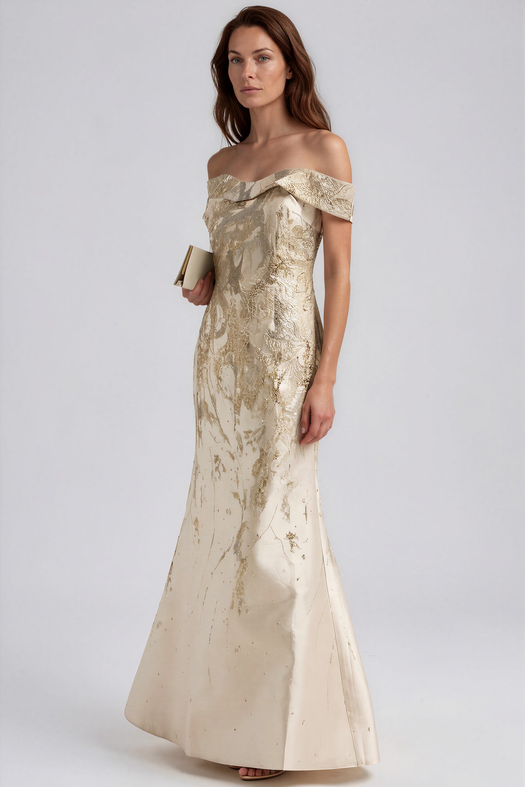 Off The Shoulder Metallic Brocade Fit And Flare Gown Gown Rene Ruiz Collection