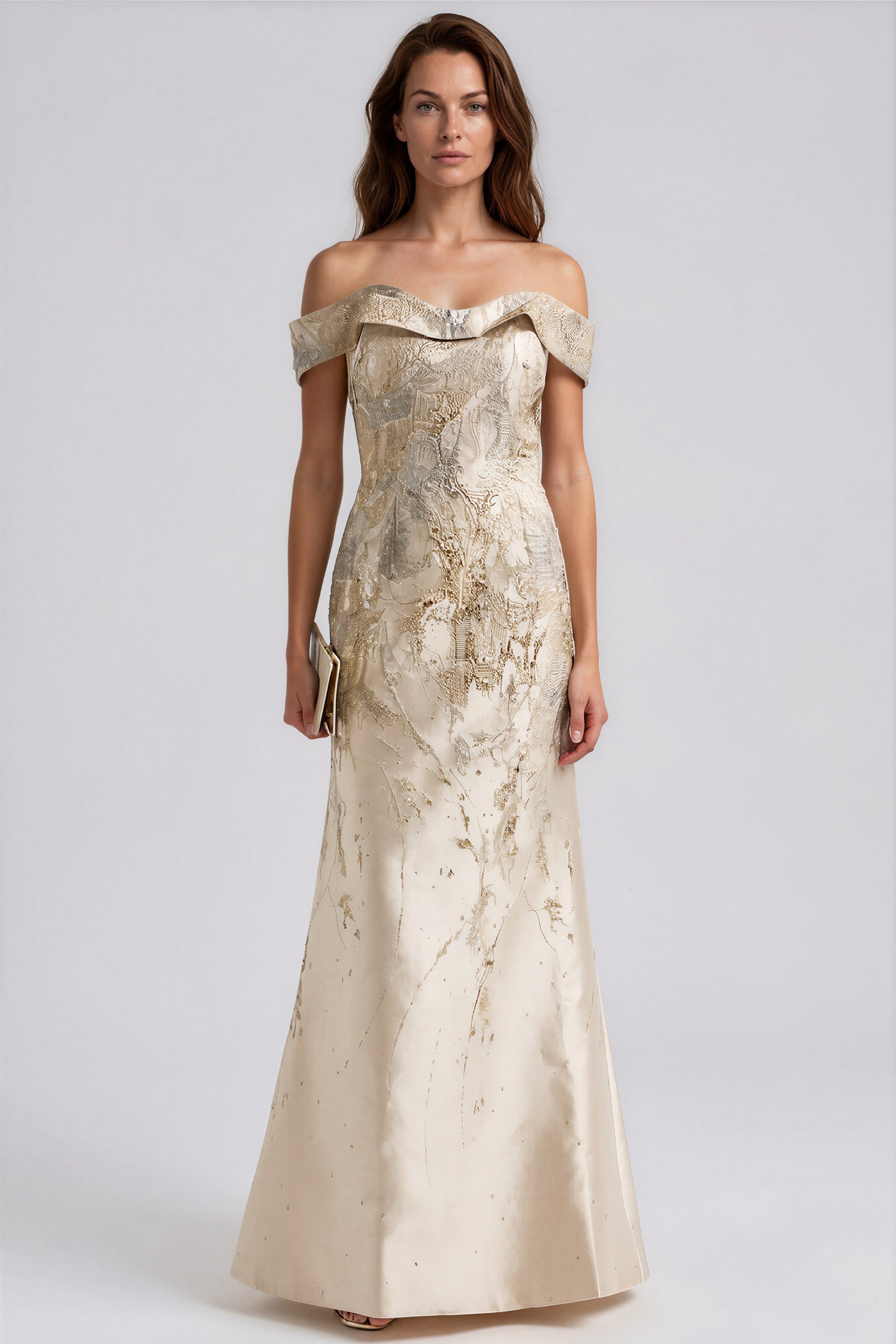 Off The Shoulder Metallic Brocade Fit And Flare Gown Gown Rene Ruiz Collection