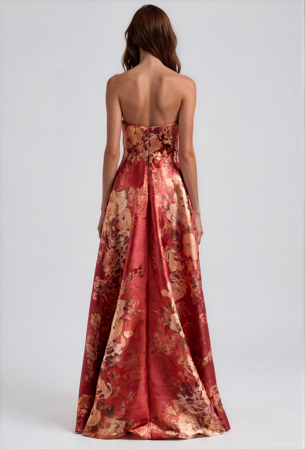 Strapless Metallic Jacquard Pleated Skirt A-Line Gown Gown Rene Ruiz Collection