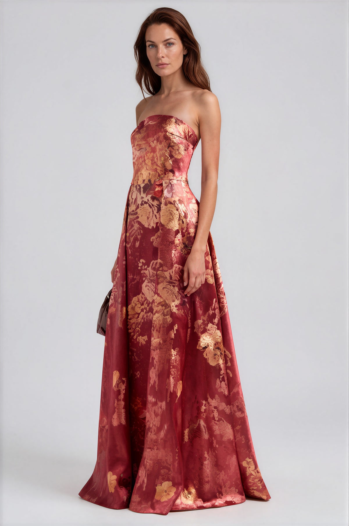 Strapless Metallic Jacquard Pleated Skirt A-Line Gown Gown Rene Ruiz Collection
