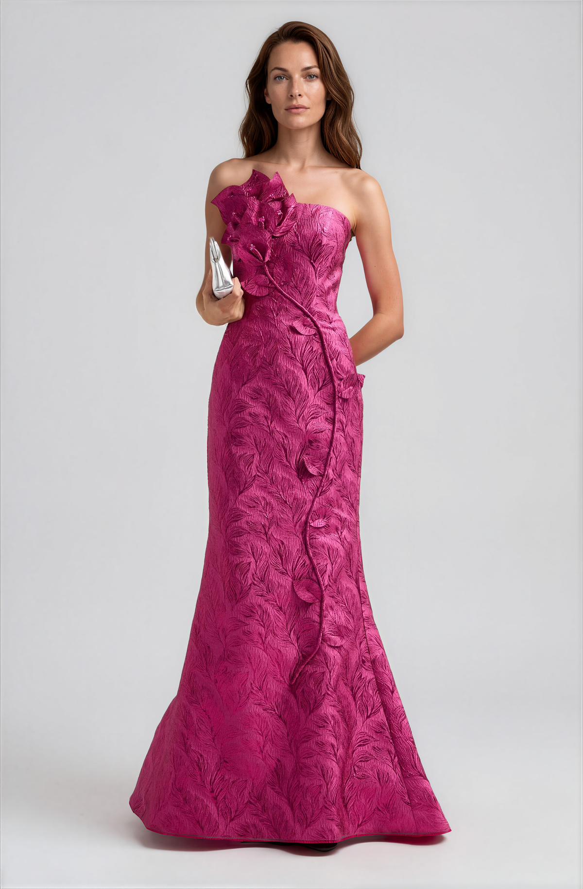 Strapless 3D Floral Textured Crepe Fit and Flare Gown Gown Rene Ruiz Collection