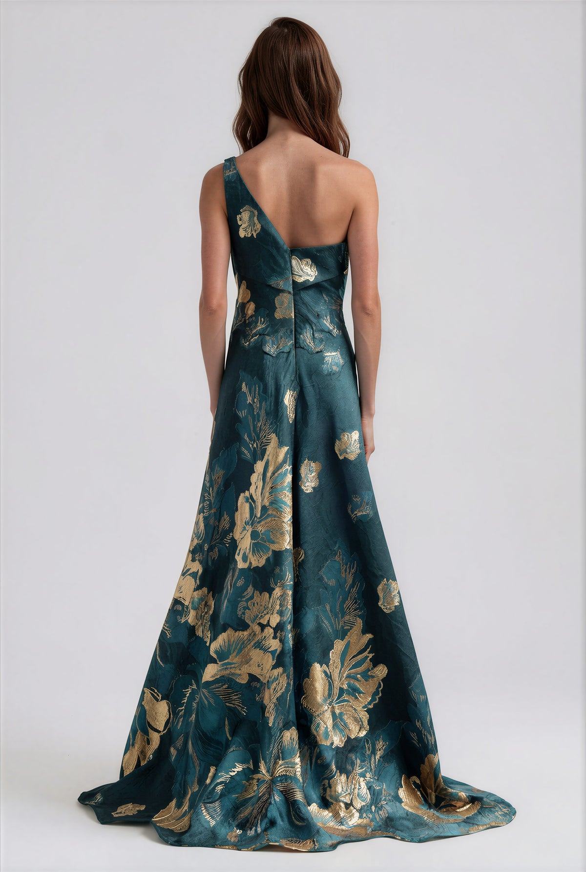 One Shoulder Metallic Floral Jacquard Front Slit A-Line Gown Gown Rene Ruiz Collection