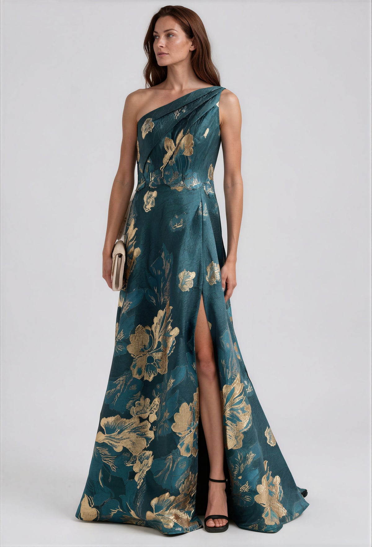 One Shoulder Metallic Floral Jacquard Front Slit A-Line Gown Gown Rene Ruiz Collection