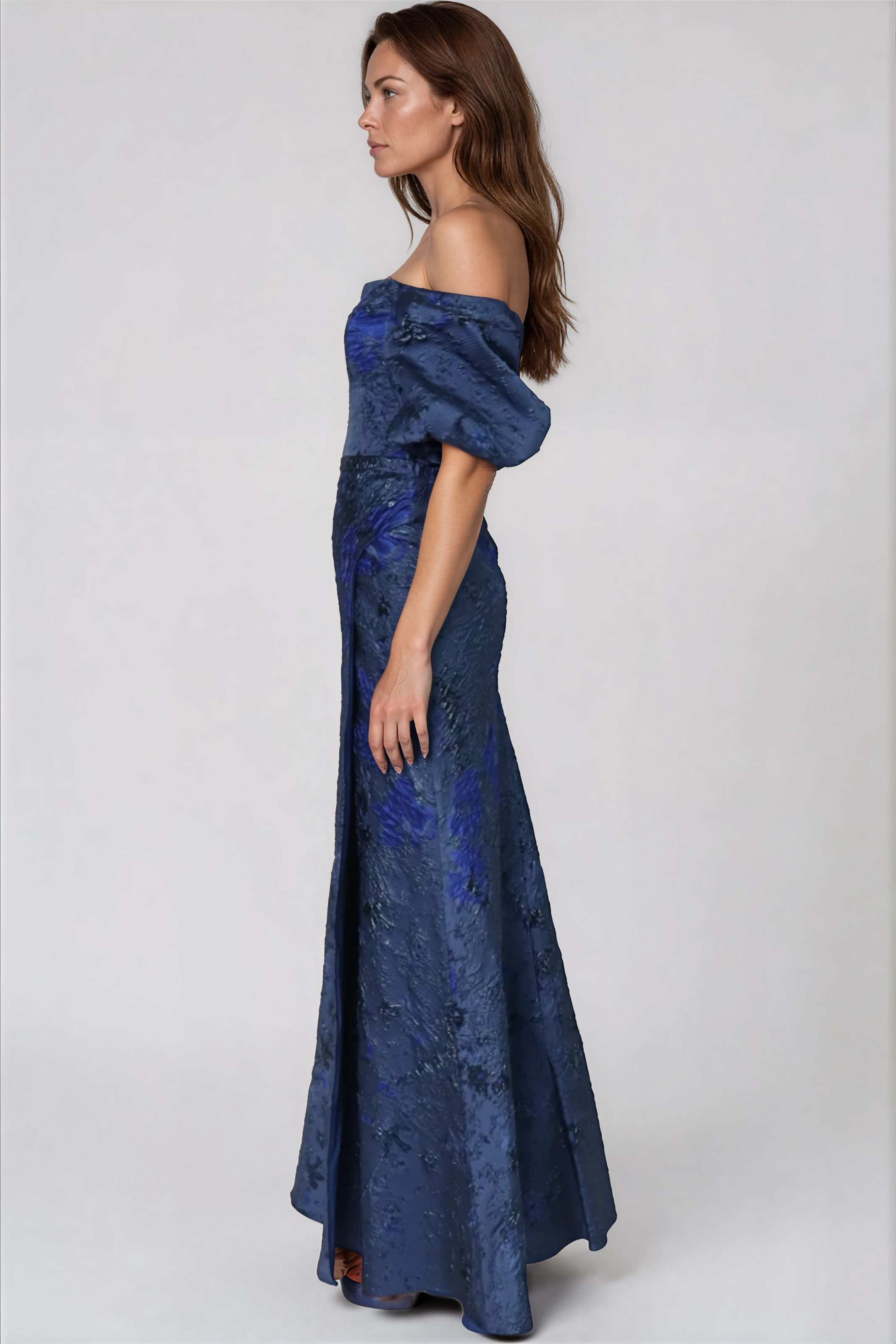 Off The Shoulder Gathered Puff Sleeve Brocade Gown with Notched Neckline Gown Rene Ruiz Collection
