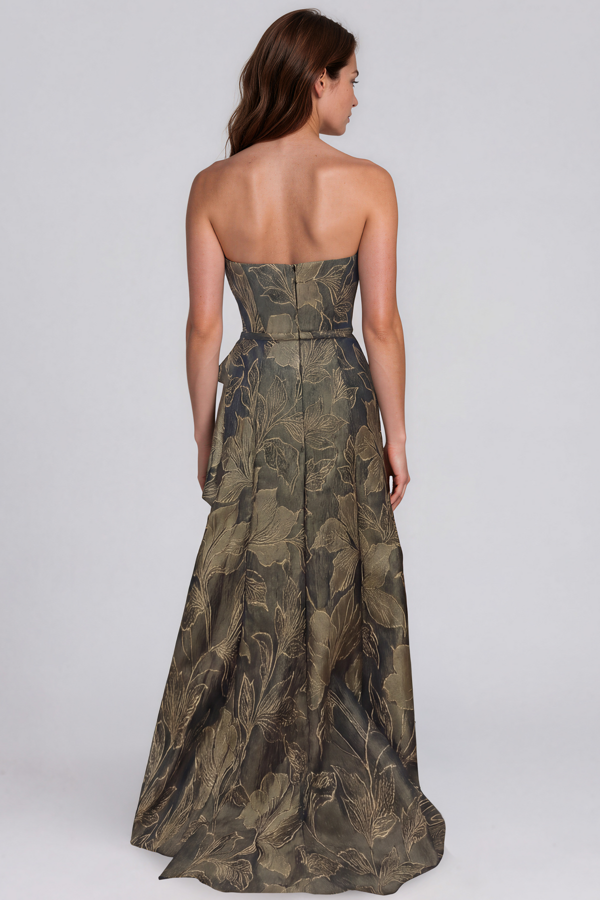 Strapless Ruffle Bow A-Line Gown Rene Ruiz Collection