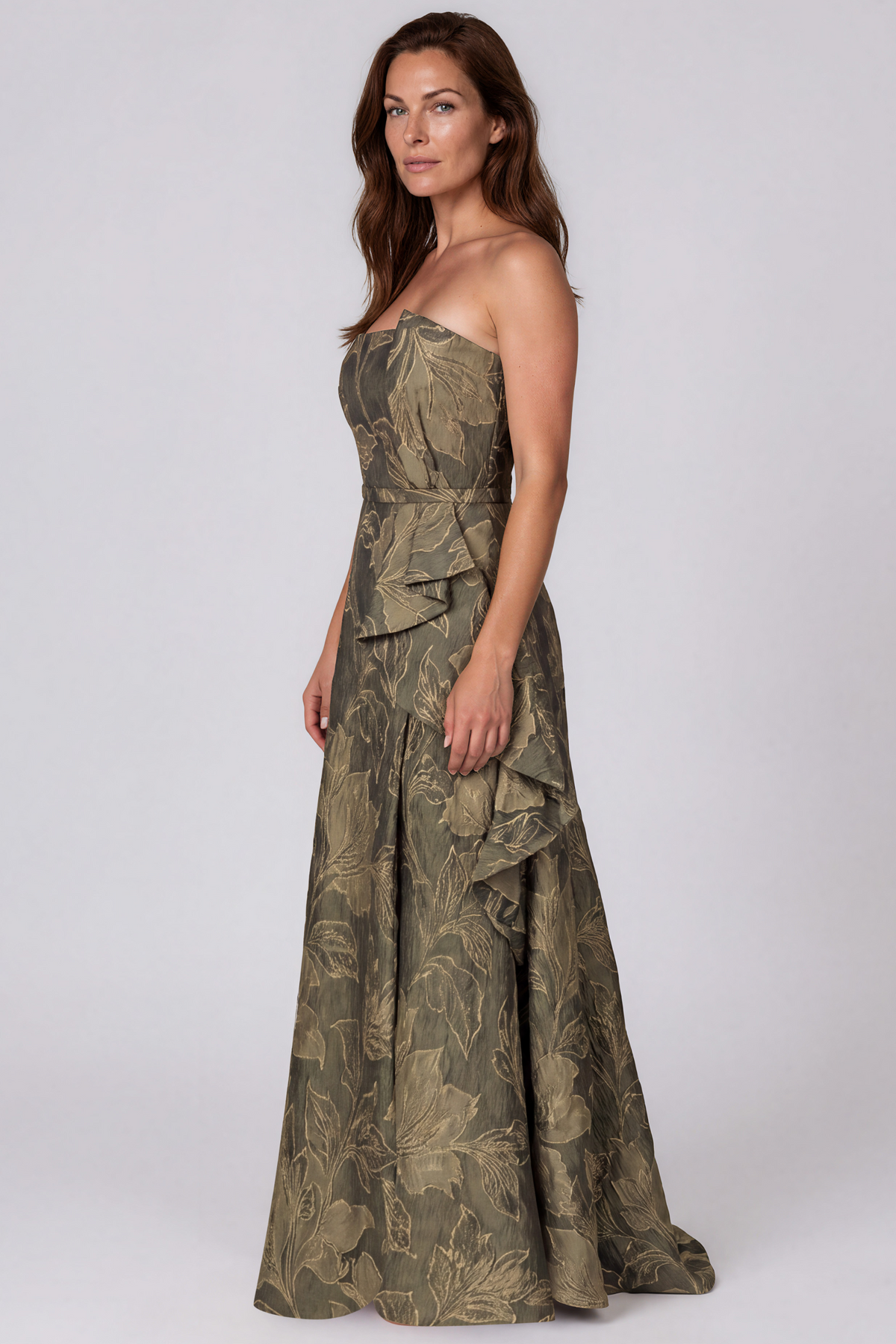 Strapless Ruffle Bow A-Line Gown Rene Ruiz Collection