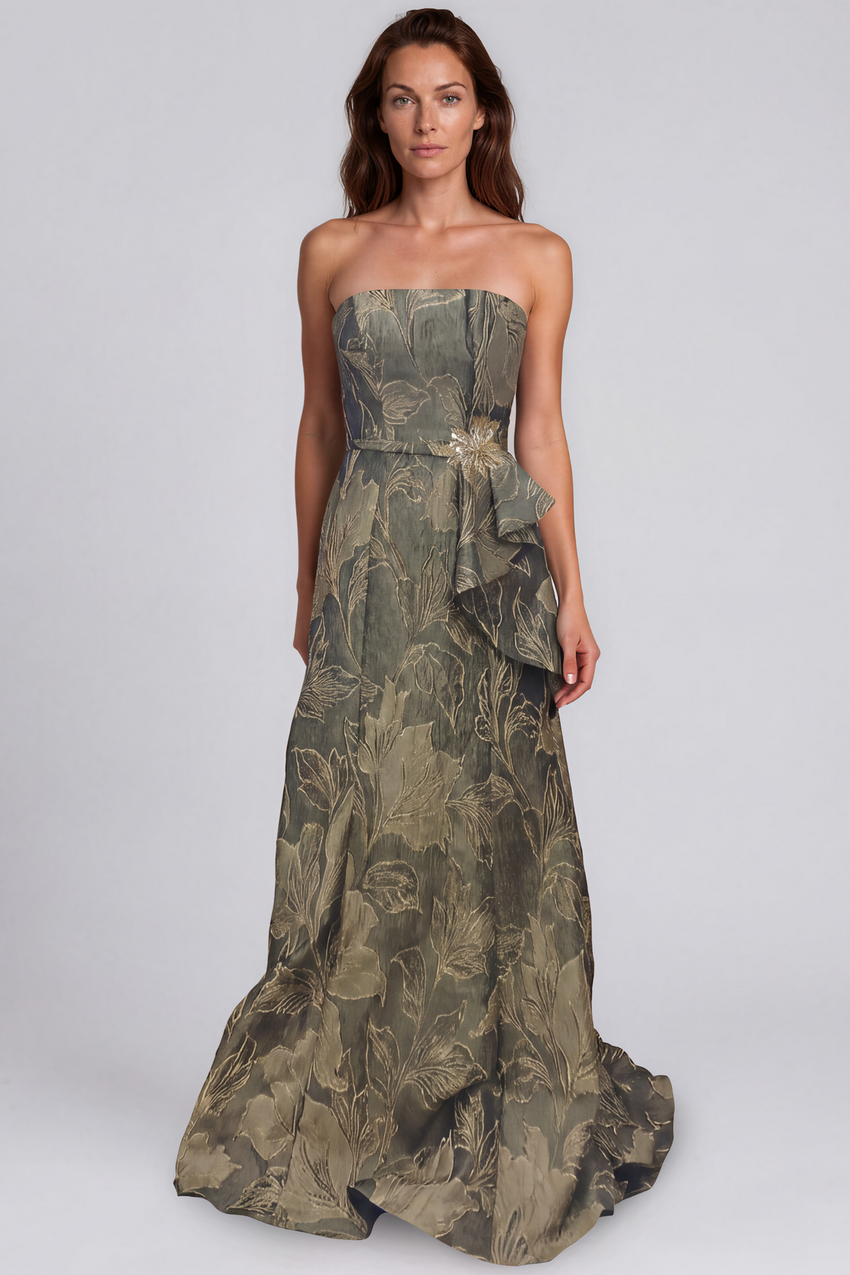 Strapless Ruffle Bow A-Line Gown Rene Ruiz Collection 2 Gold