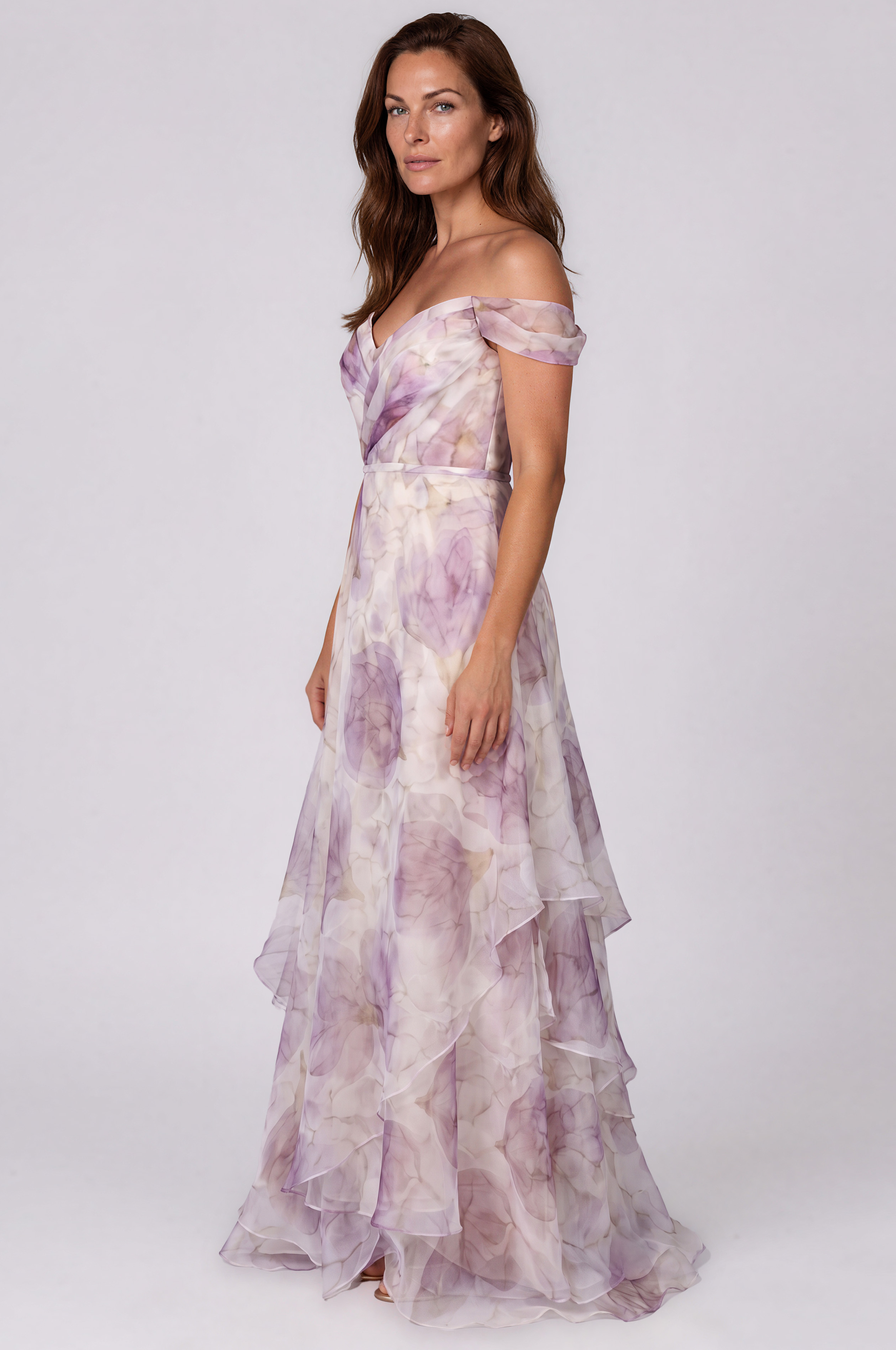 Off The Shoulder Draped Bodice Printed Organza A-Line Gown Gown Rene Ruiz Collection