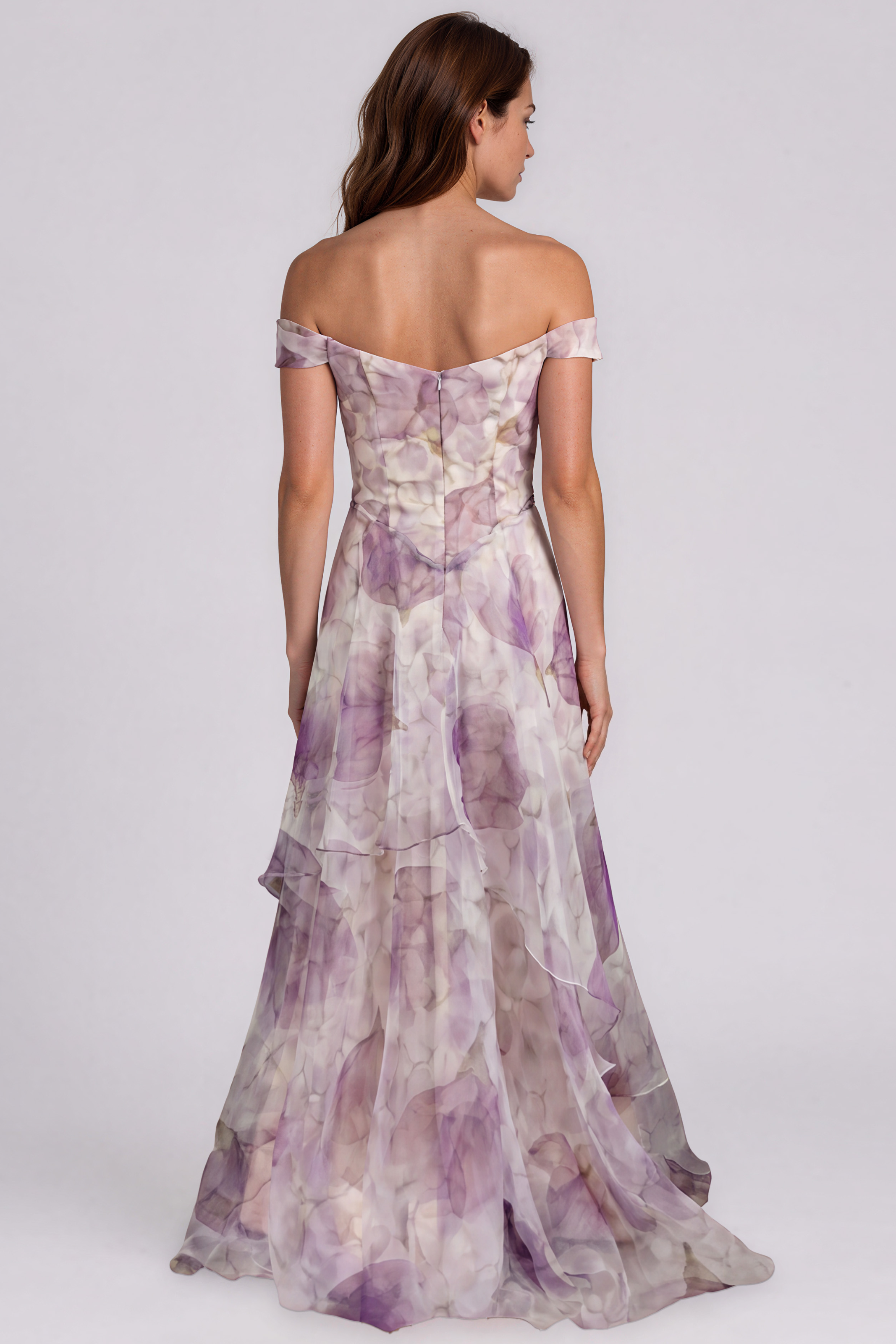 Off The Shoulder Draped Bodice Printed Organza A-Line Gown Gown Rene Ruiz Collection