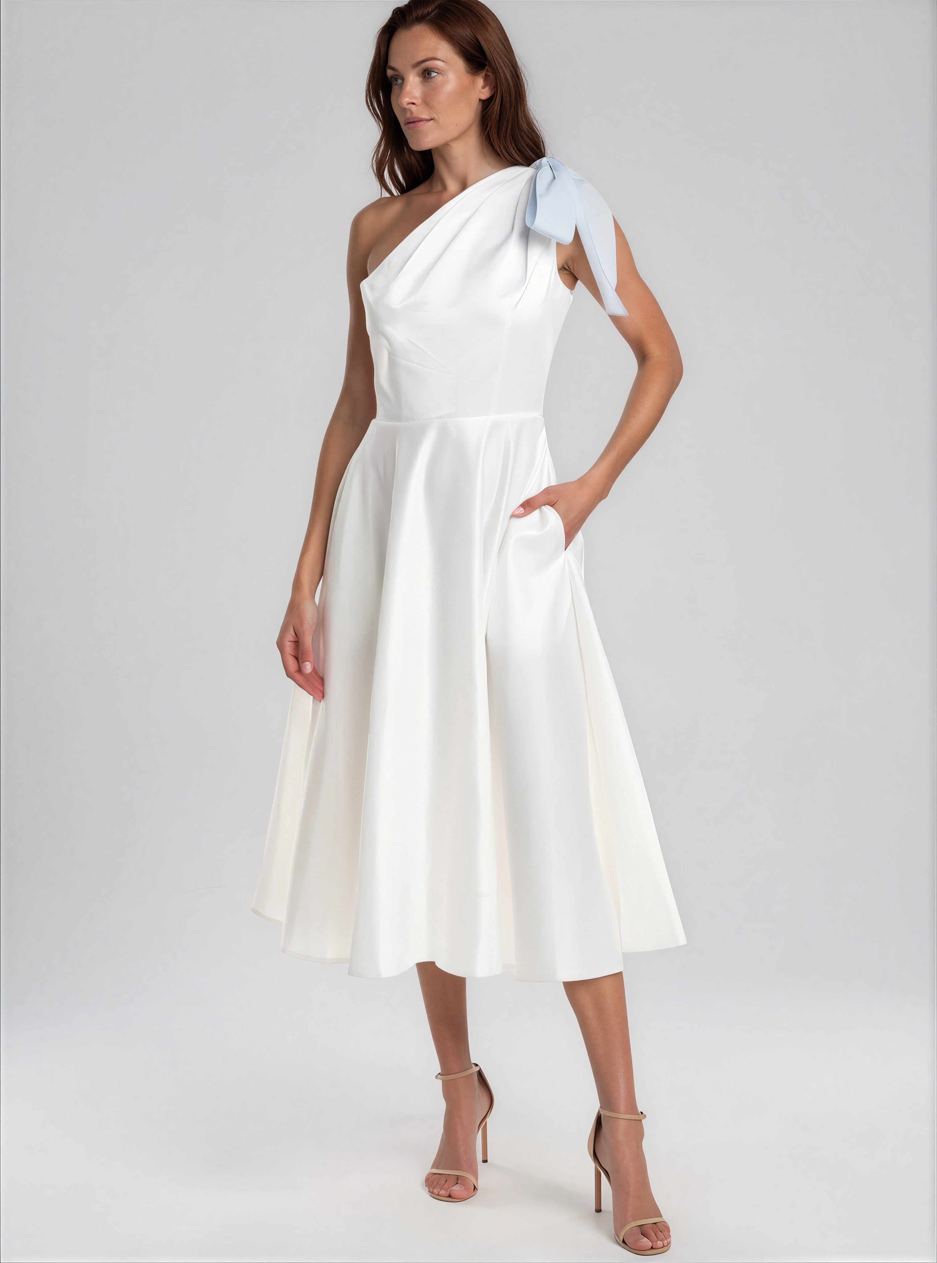 Asymmetrical Faille Flare Hem Midi Dress Cocktail Rene Ruiz Collection