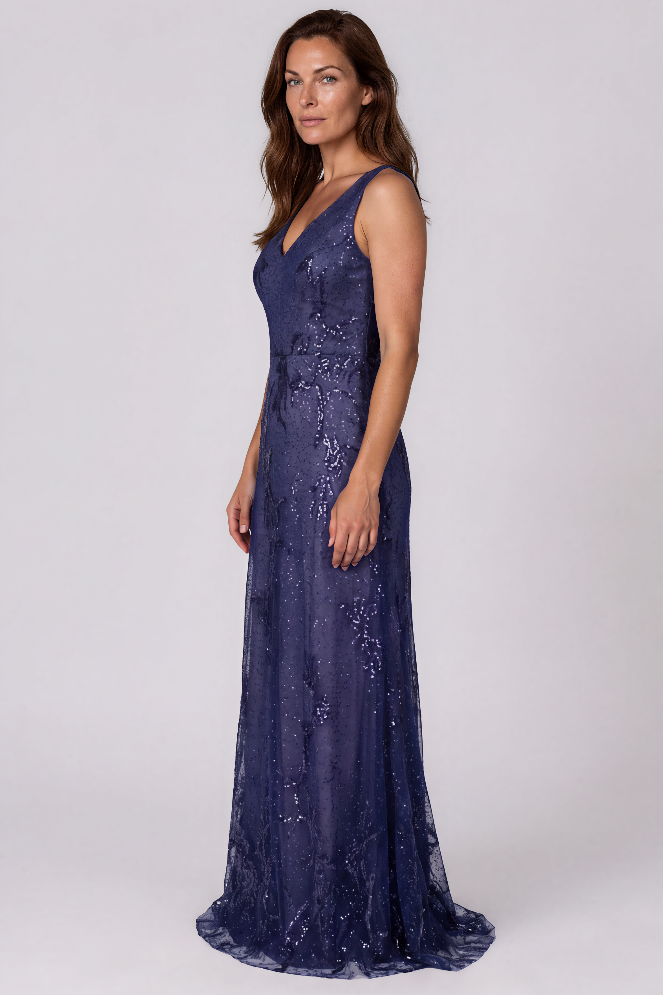 V-Neck Sequin Embellished Tulle Fit and Flare Gown Gown Rene Ruiz Collection