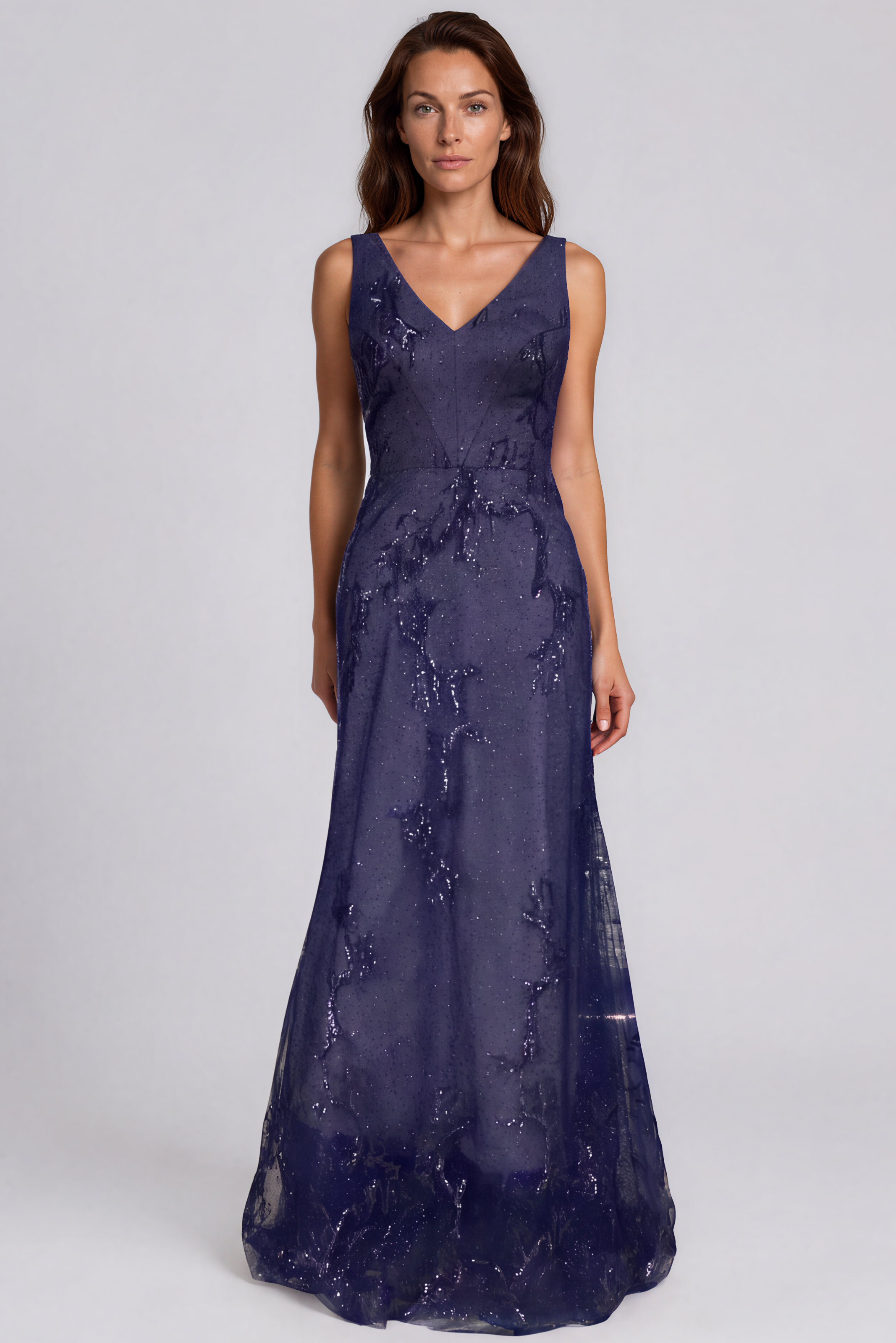 V-Neck Sequin Embellished Tulle Fit and Flare Gown Gown Rene Ruiz Collection