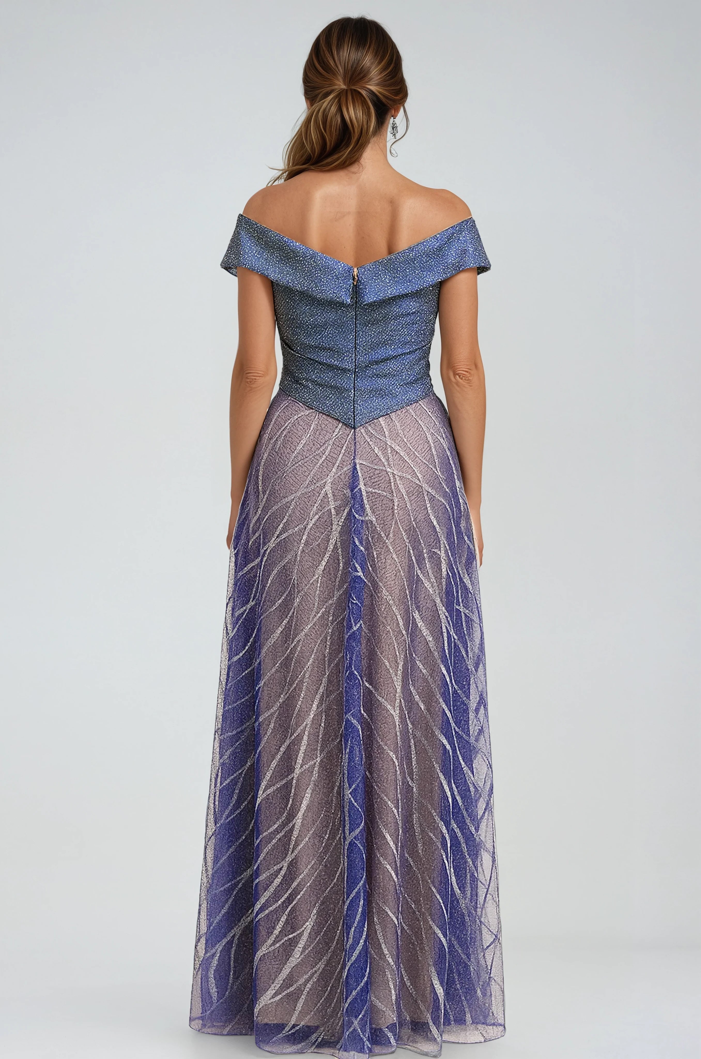 Banded Off The Shoulder Metallic Tulle Gown