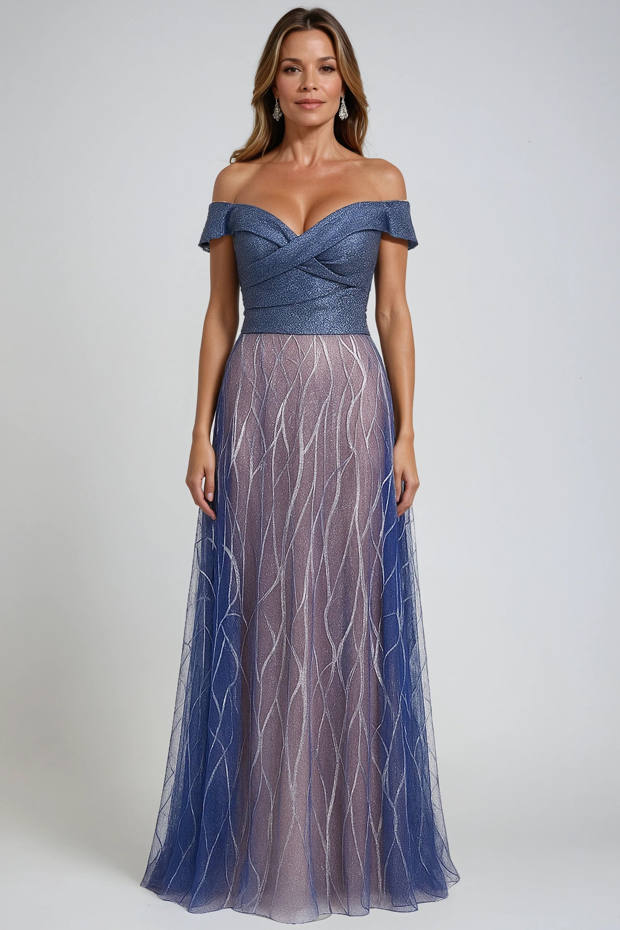 Banded Off The Shoulder Metallic Tulle Gown Gown Rene Ruiz Collection
