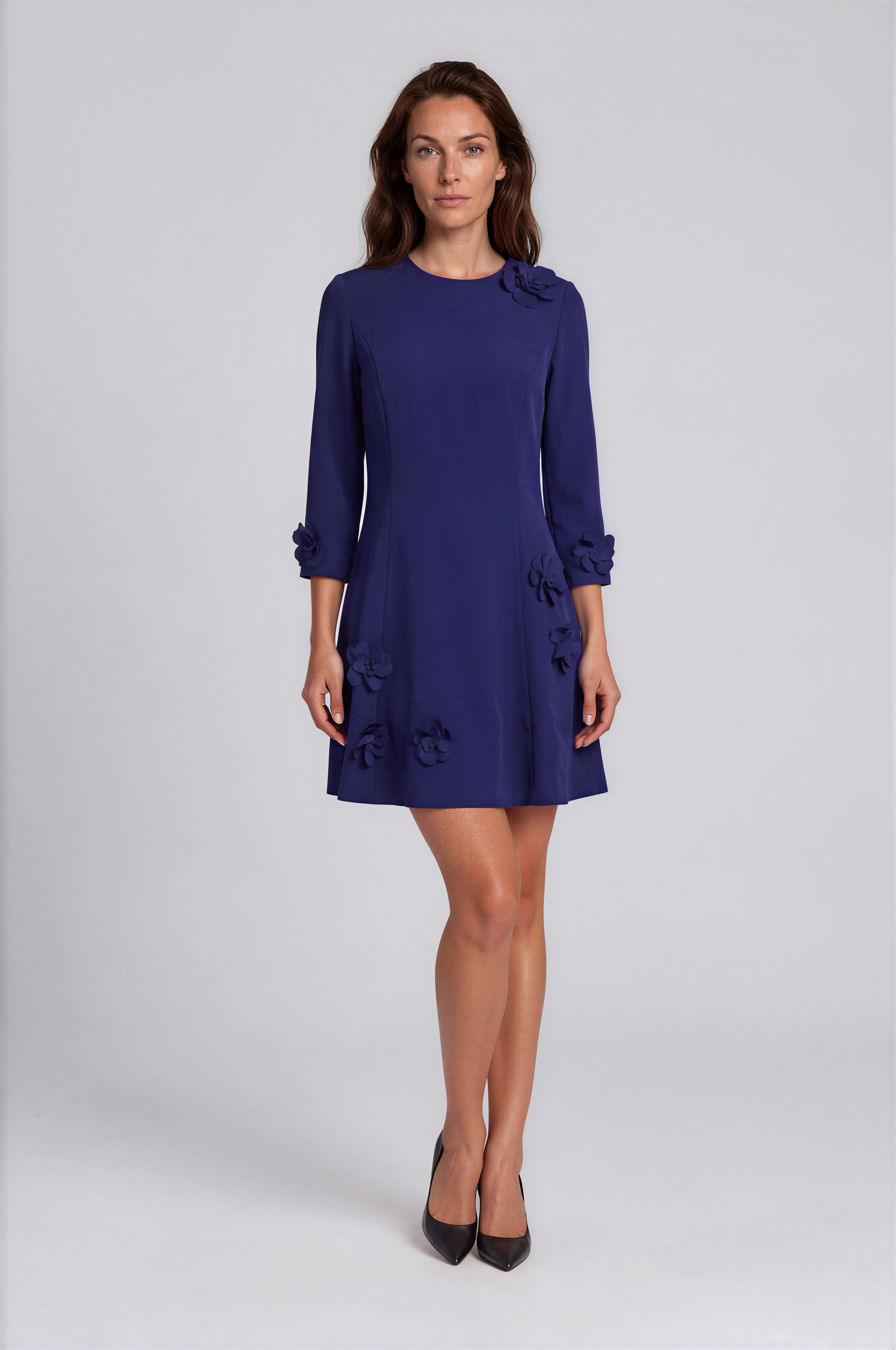 3D Floral Appliqué Crepe A-Line Mini Dress with 3/4 Sleeves Cocktail Rene Ruiz Collection
