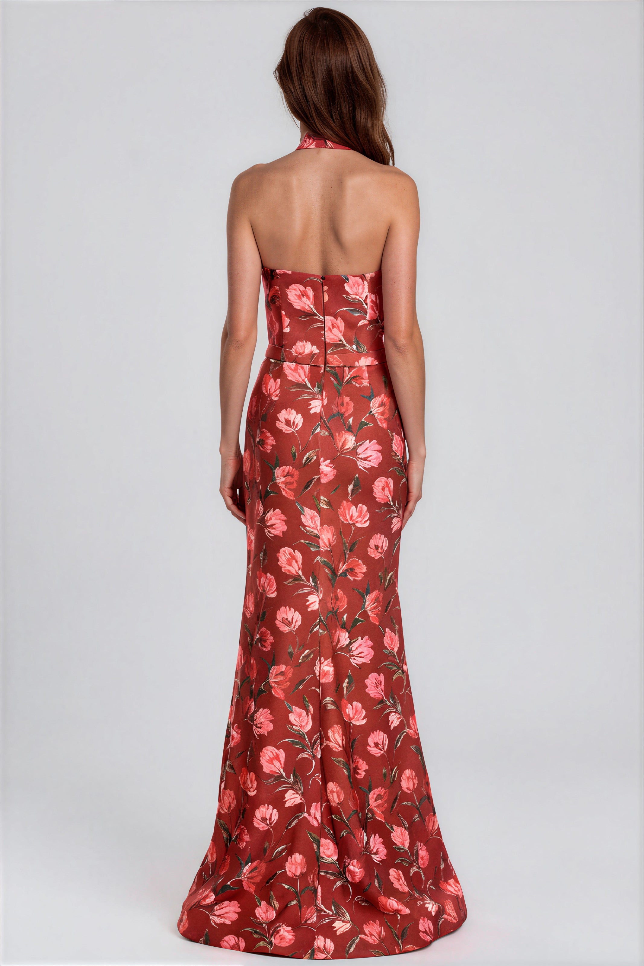 Floral Print Crepe Halter Fit and Flare Gown with Front Slit Gown Rene Ruiz Collection