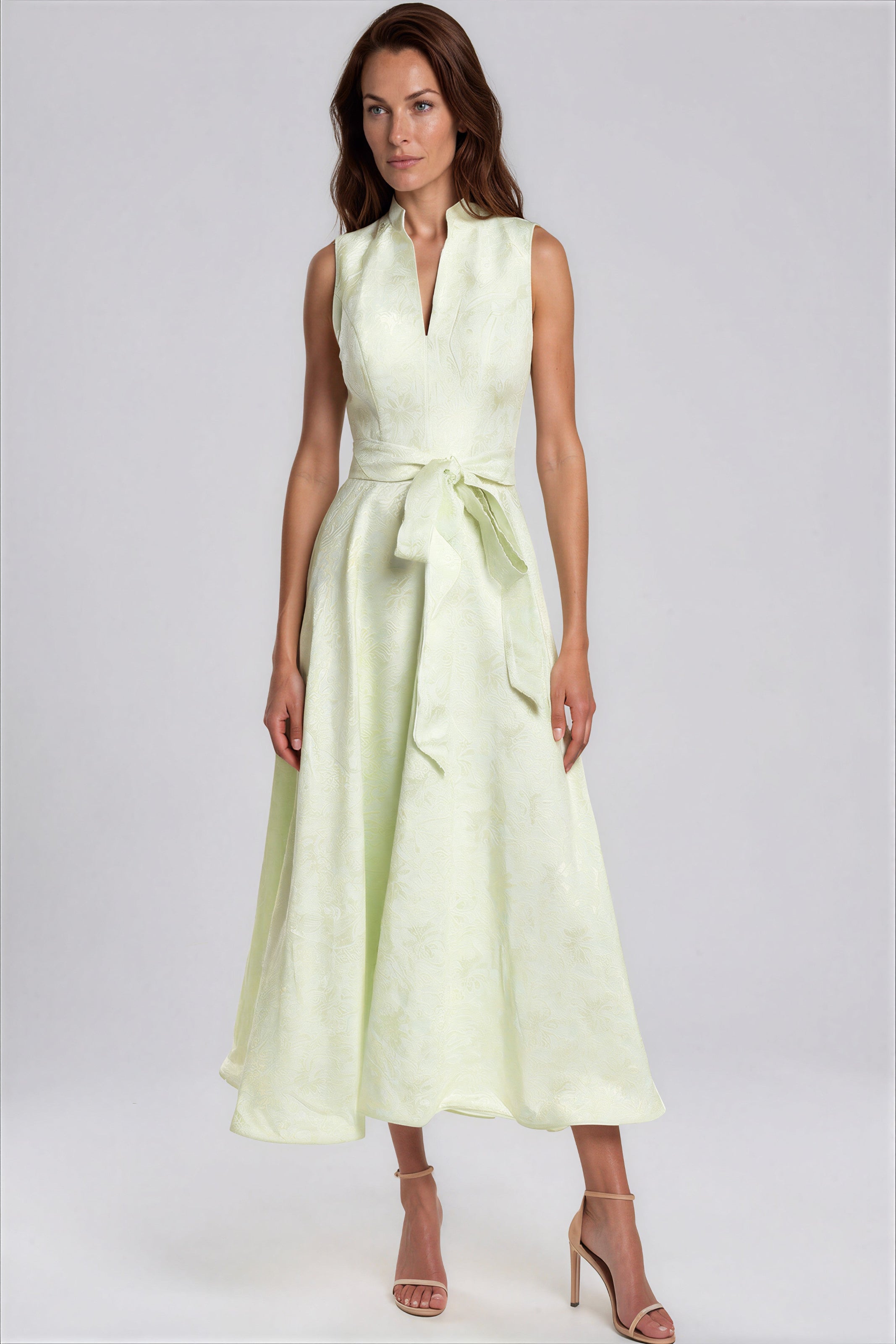 Sleeveless Mikado A-Line Midi Dress with Sash Belt Cocktail Rene Ruiz Collection 2 Lime