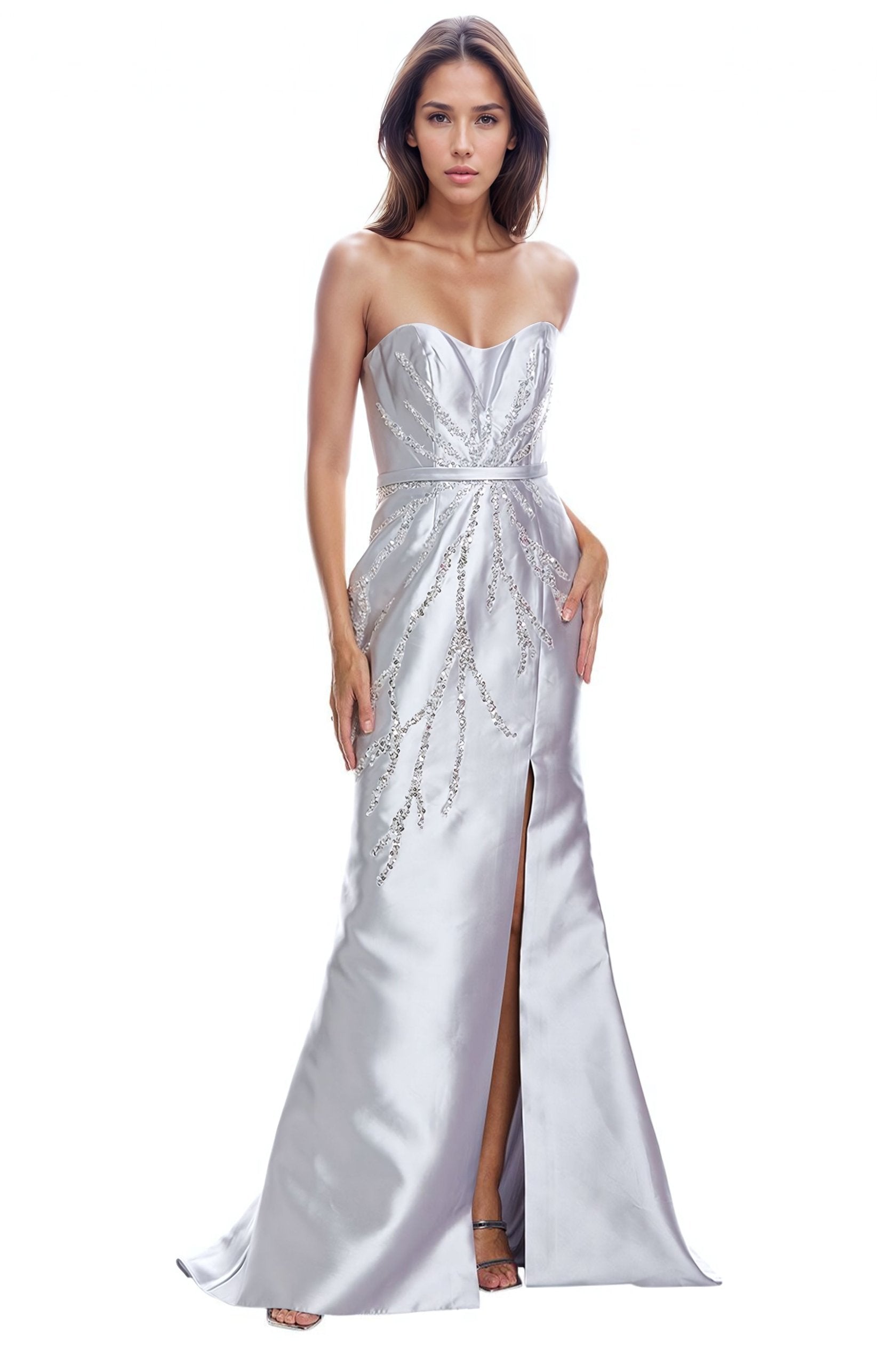 Strapless Metallic Bead Embellished Gown Silver 