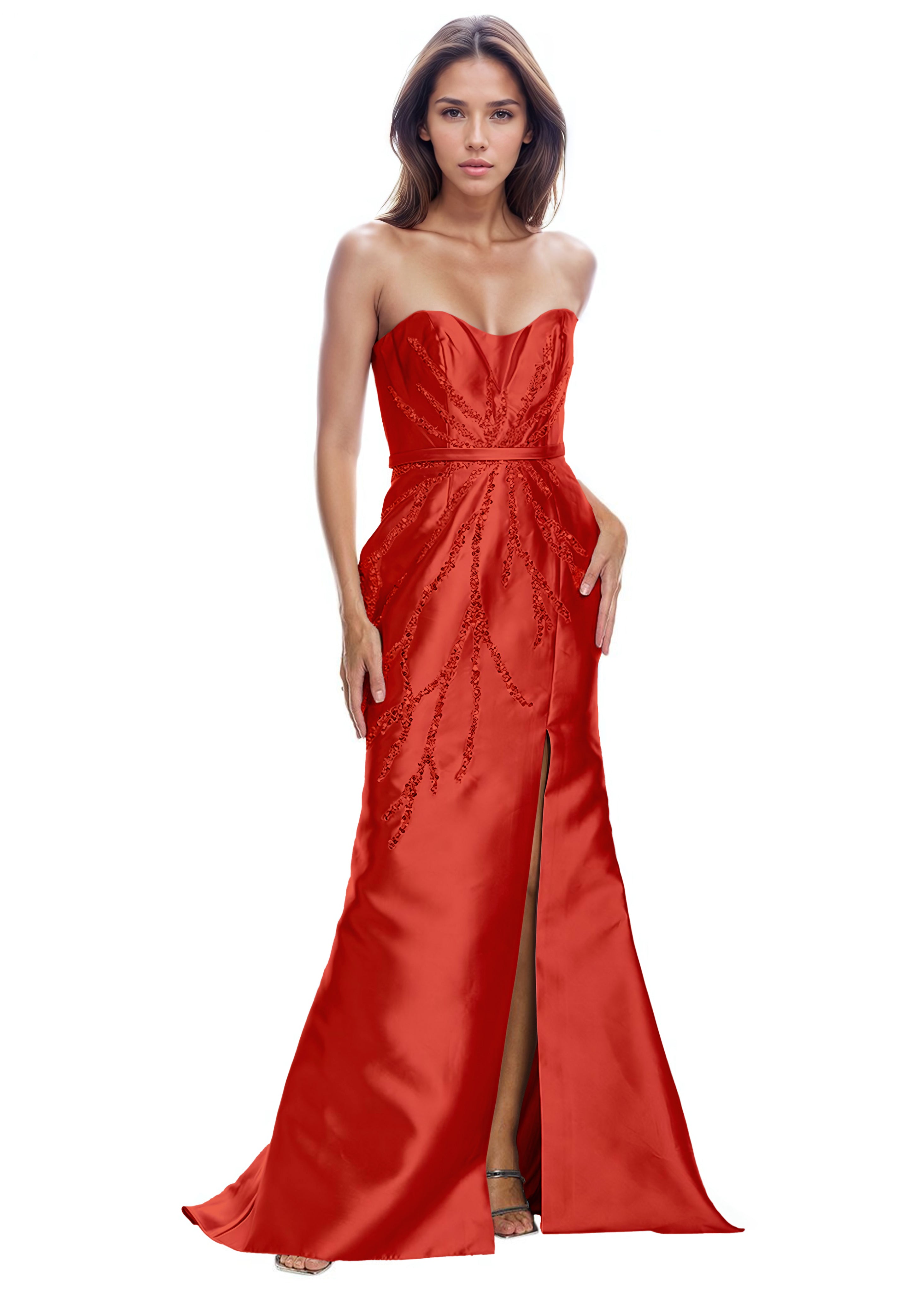 Strapless Metallic Bead Embellished Gown Red 