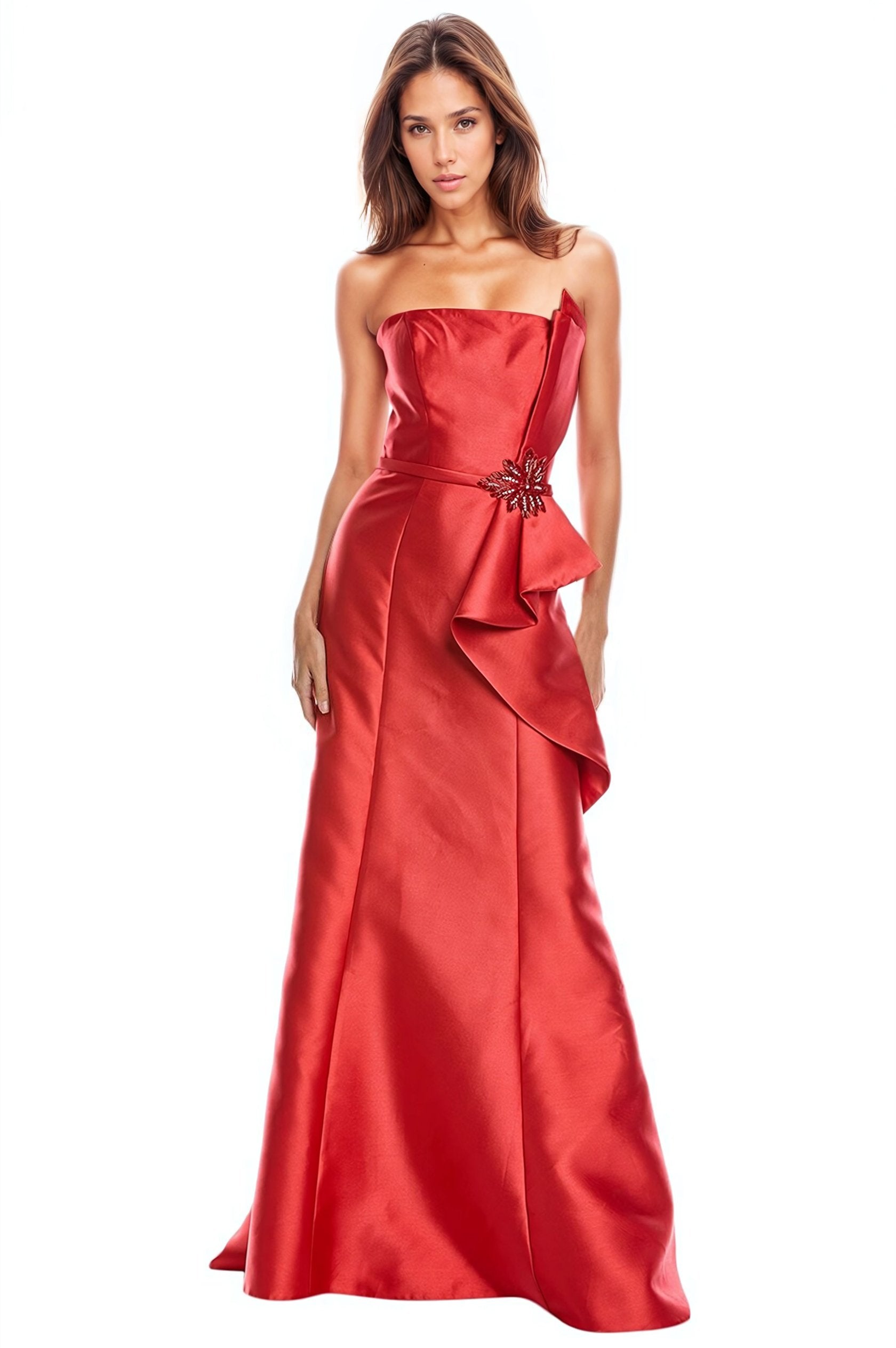 Strapless Ruffle Bow A-Line Gown Coral 