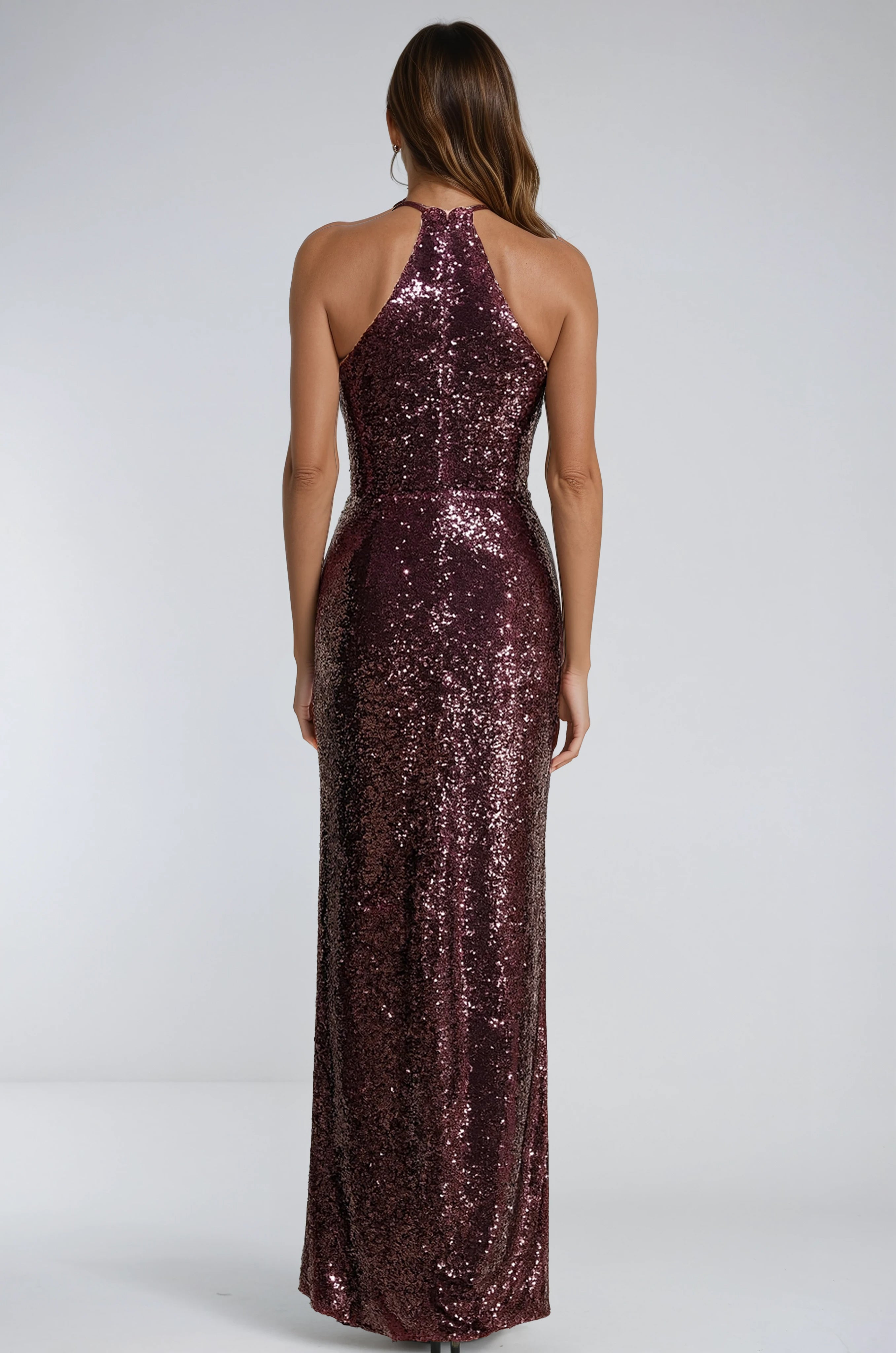 Halter Rosette Sequin Column Gown