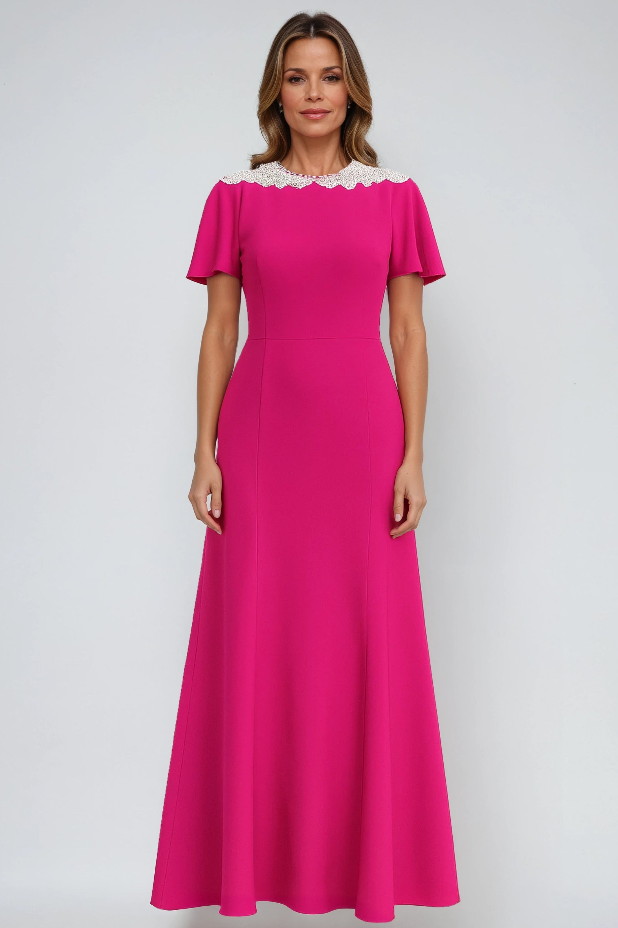 Crepe Flutter Sleeve Beaded Collar Gown