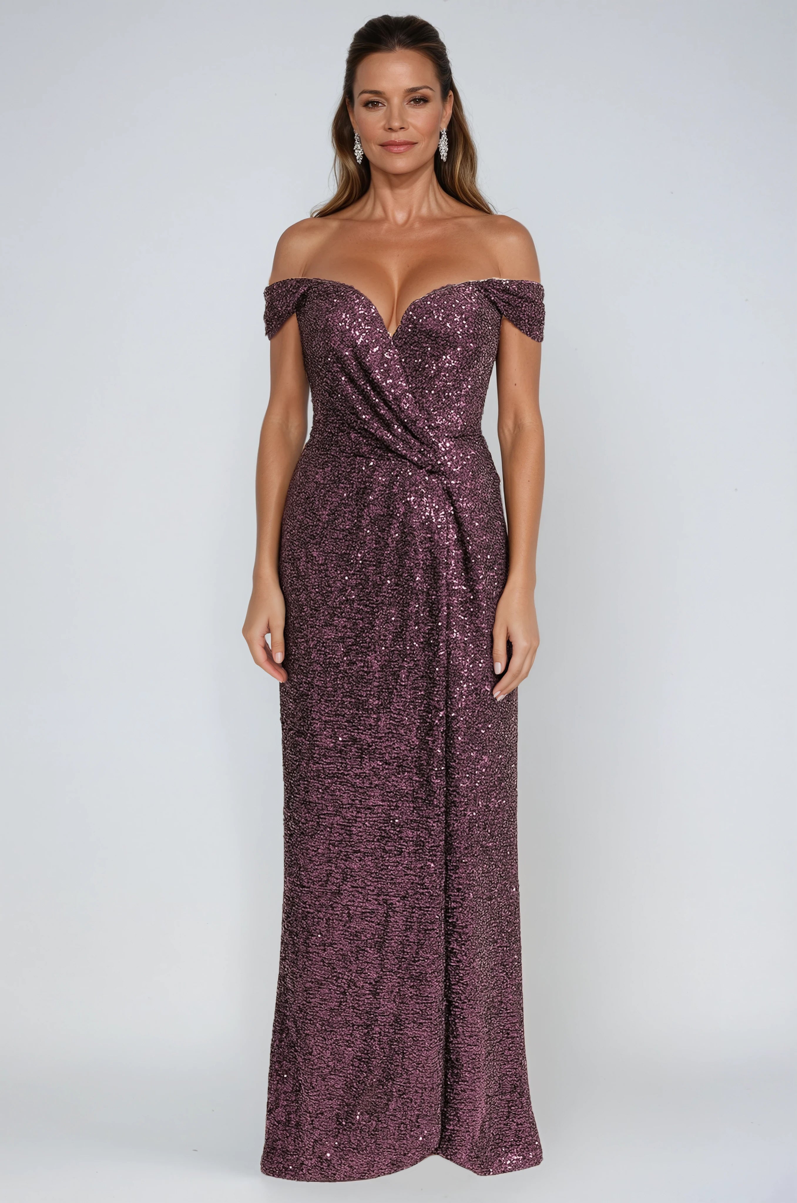 Off The Shoulder Sequin Gown - Rene Ruiz Collection