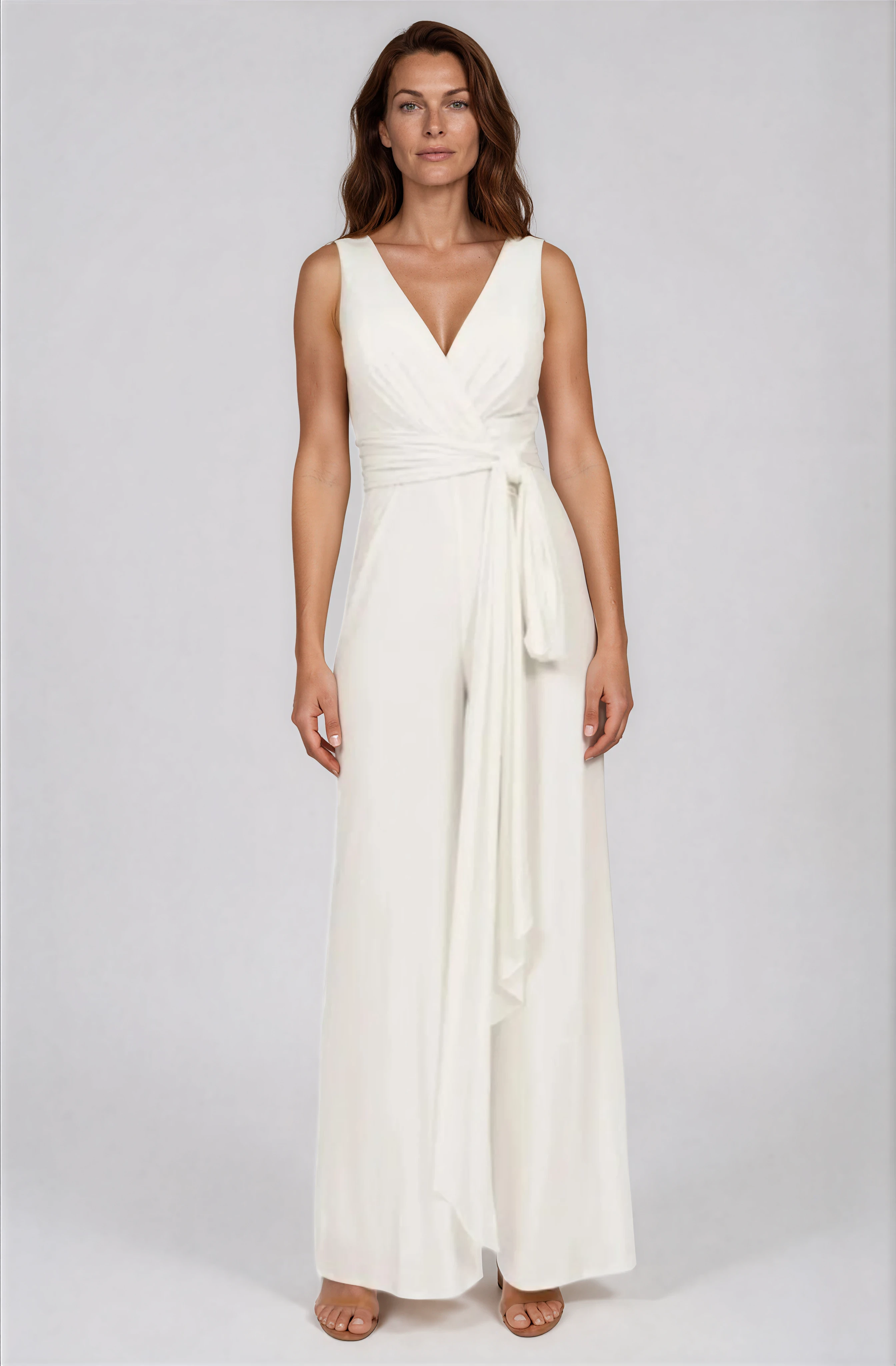 Sleeveless V-Neck Draped Jersey Knit Jumpsuit with Sash Belt Jumpsuit Rene Ruiz Collection 2 White