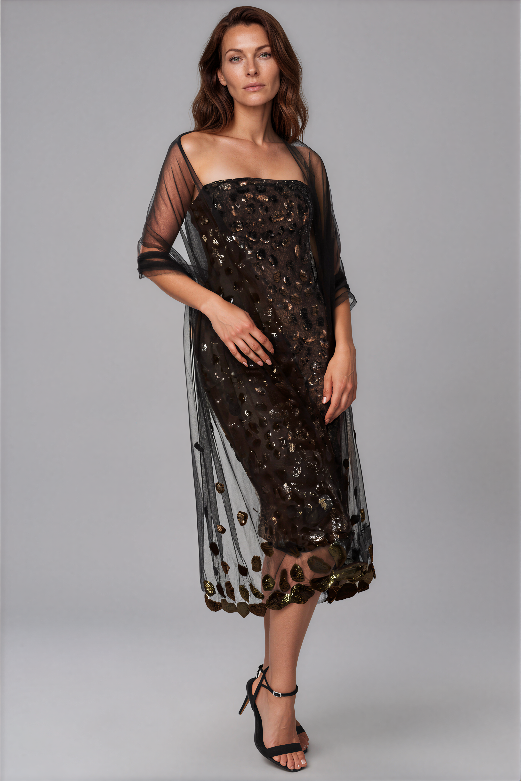 Embroidered Tulle Shawl Accessory Rene Ruiz Collection Bronze