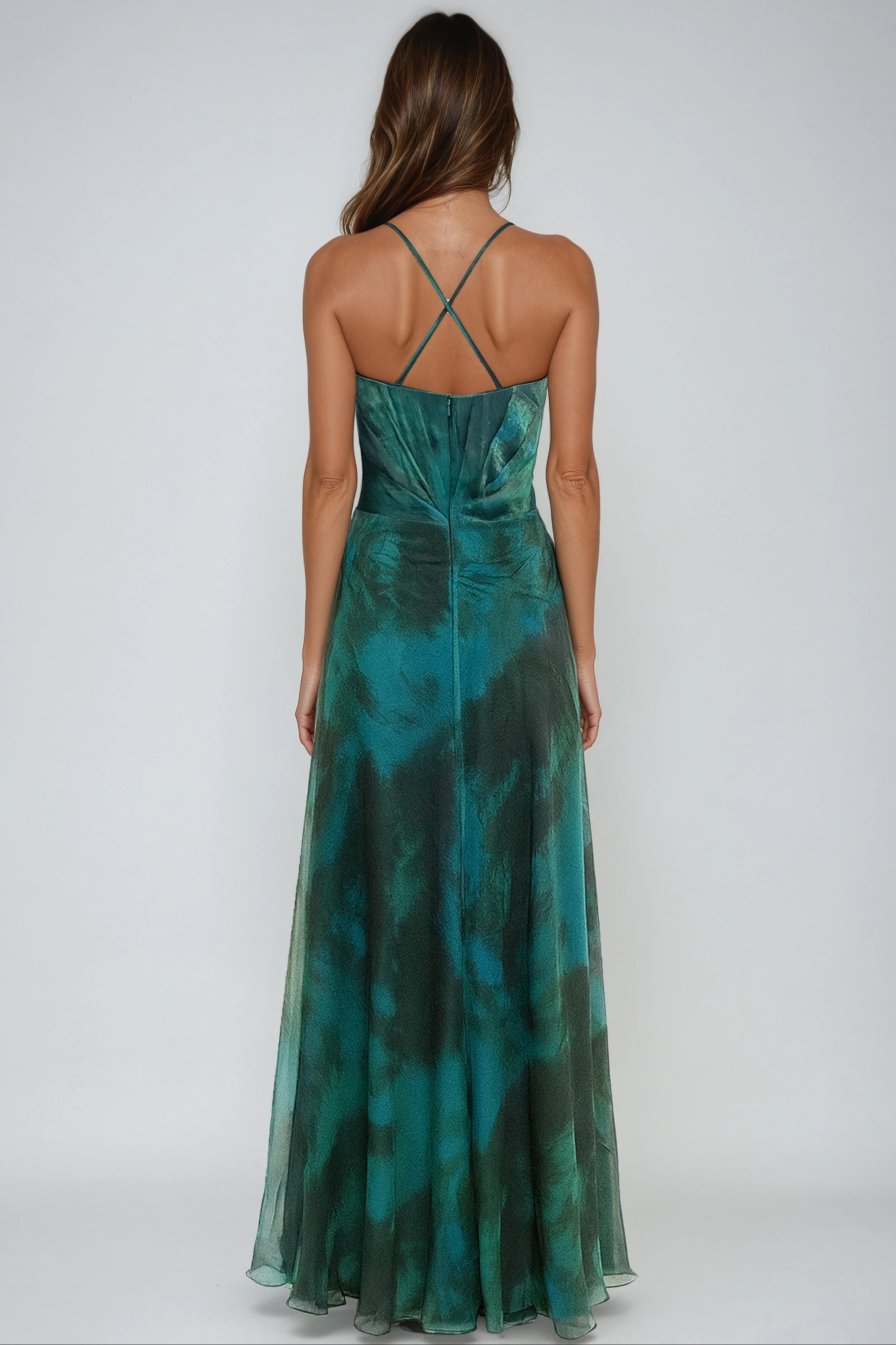Plunging V-Neck Printed Chiffon A-Line Gown Gown Rene Ruiz Collection