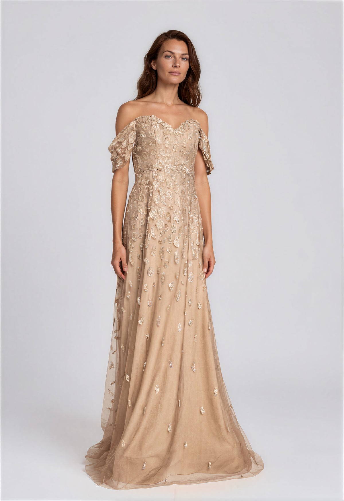 Off The Shoulder Sequin Embroidered A-Line Gown Gown Rene Ruiz Collection