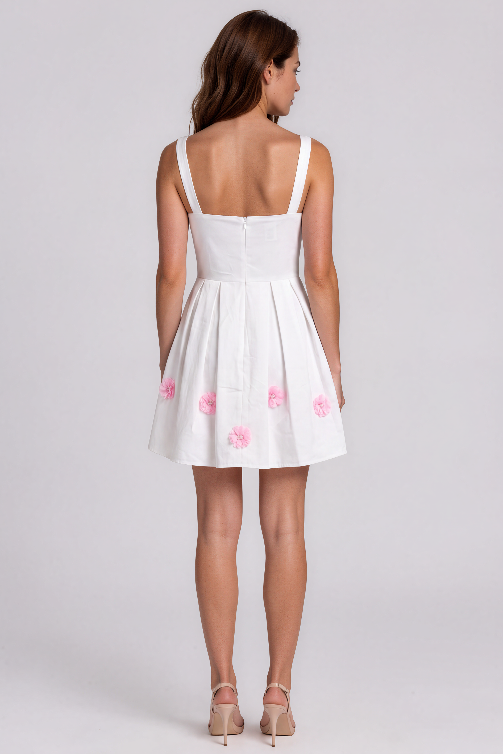Square Neck Satin Fit and Flare Cocktail Dress with Floral Appliqué Detail Cocktail Rene Ruiz Collection