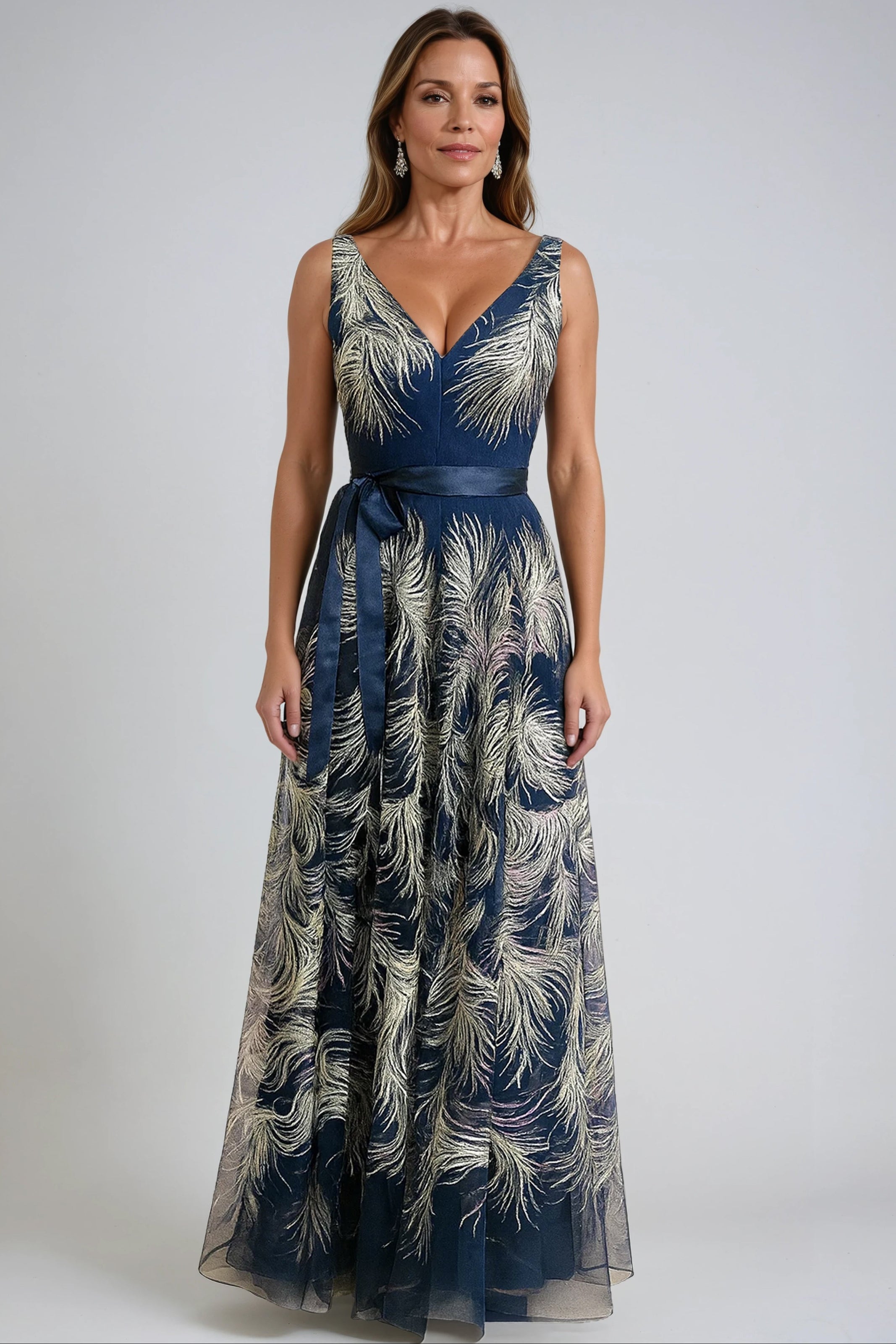 Sequin Embroidered Tulle V-Neck A-Line Gown Gown Rene Ruiz Collection