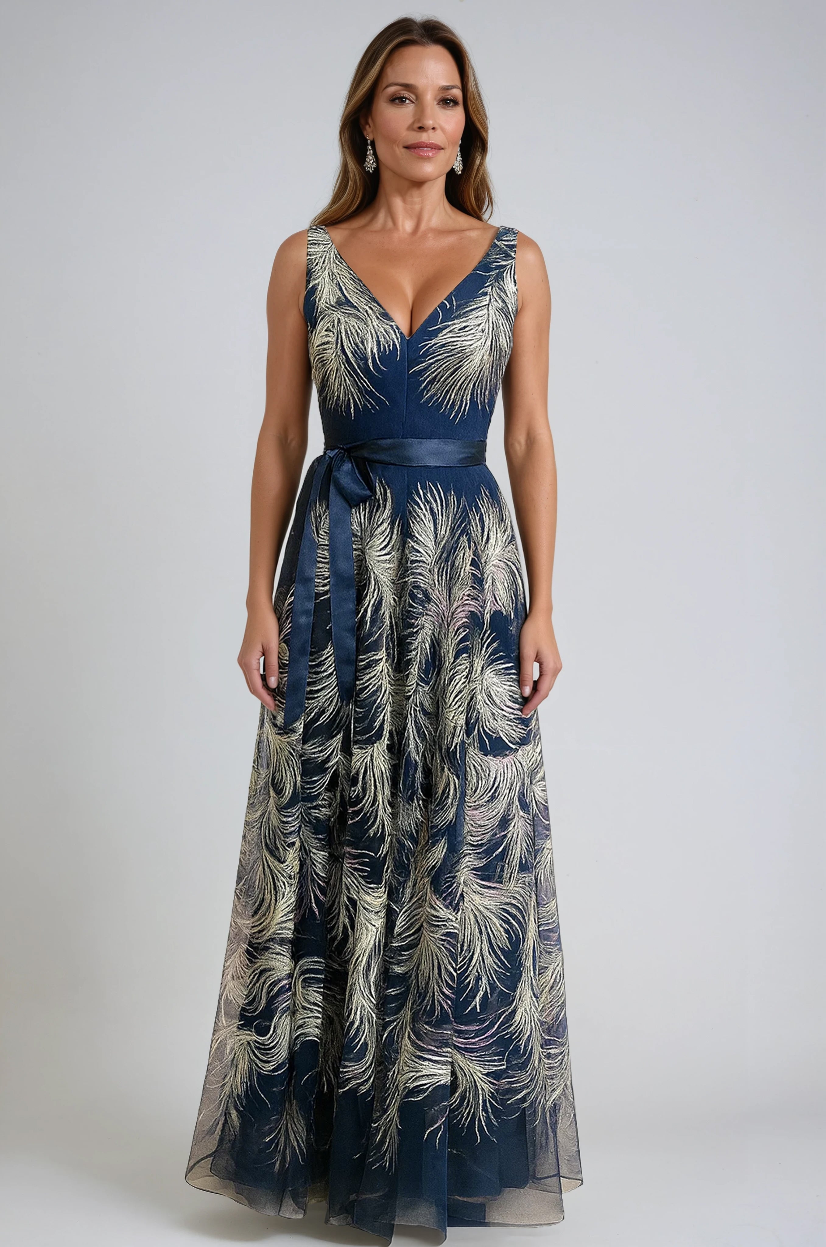 Sequin Embroidered Tulle V-Neck A-Line Gown Gown Rene Ruiz Collection