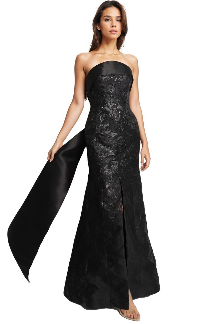 Strapless Brocade Fit and Flare Gown With Satin Sash Detail  