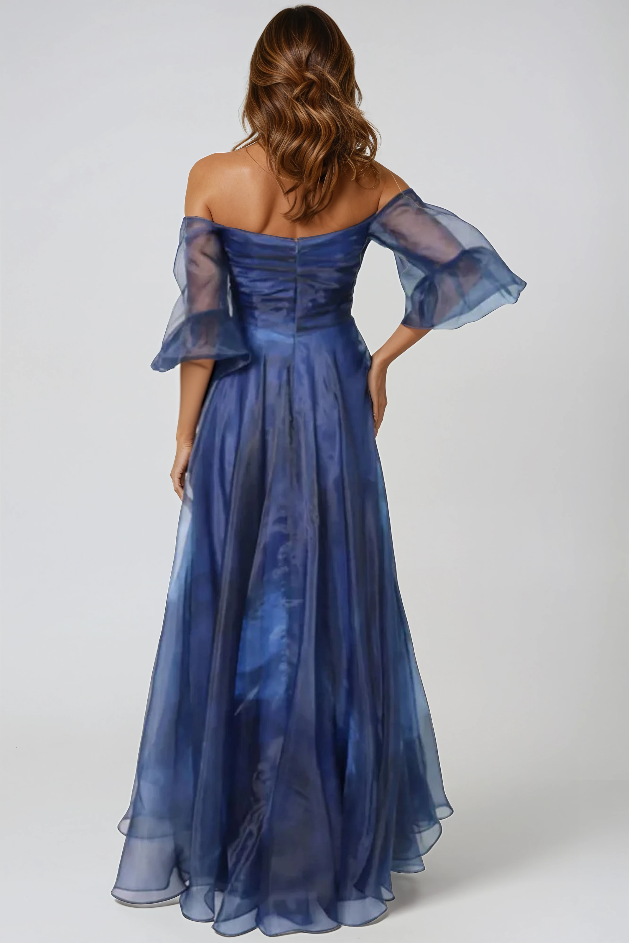 strapless open back dress 3/4 Puff Sleeve Organza Gown