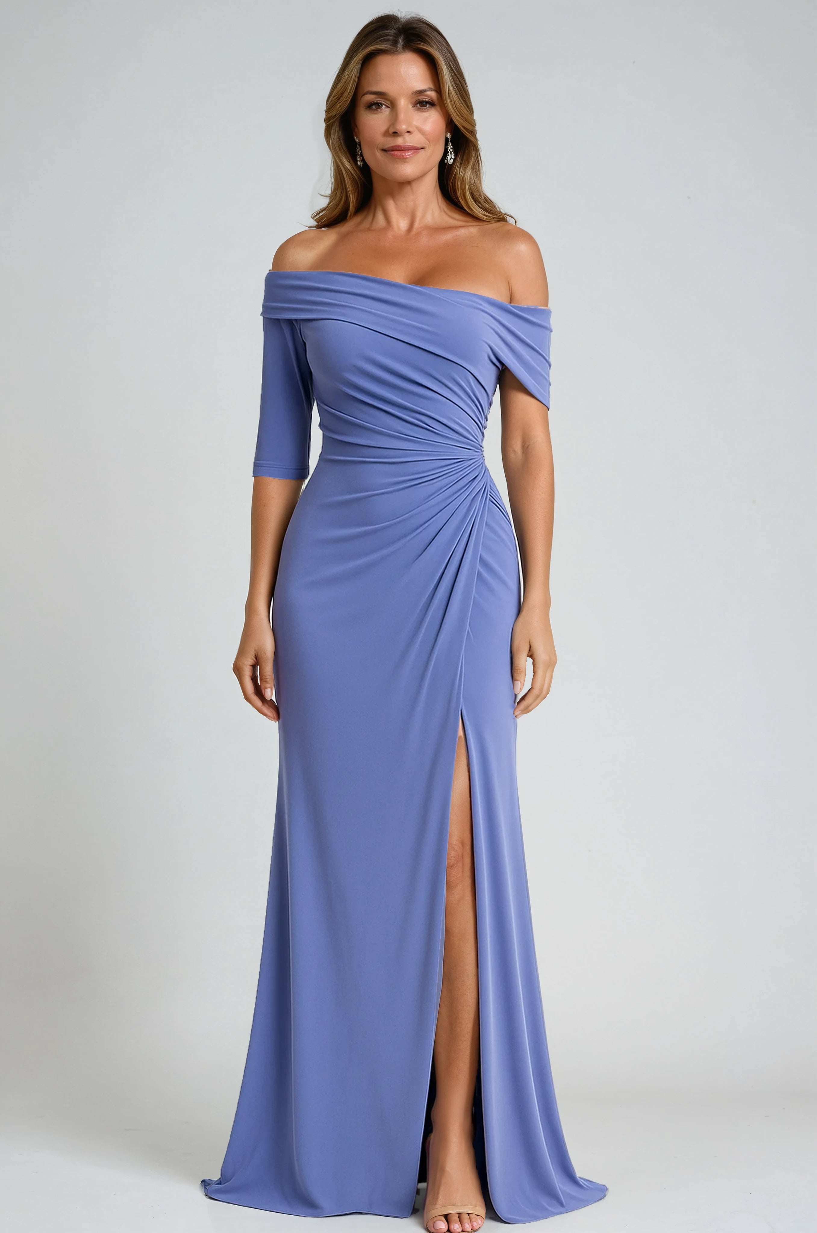 Off The Shoulder Ruched Stretch Fit And Flare Gown
