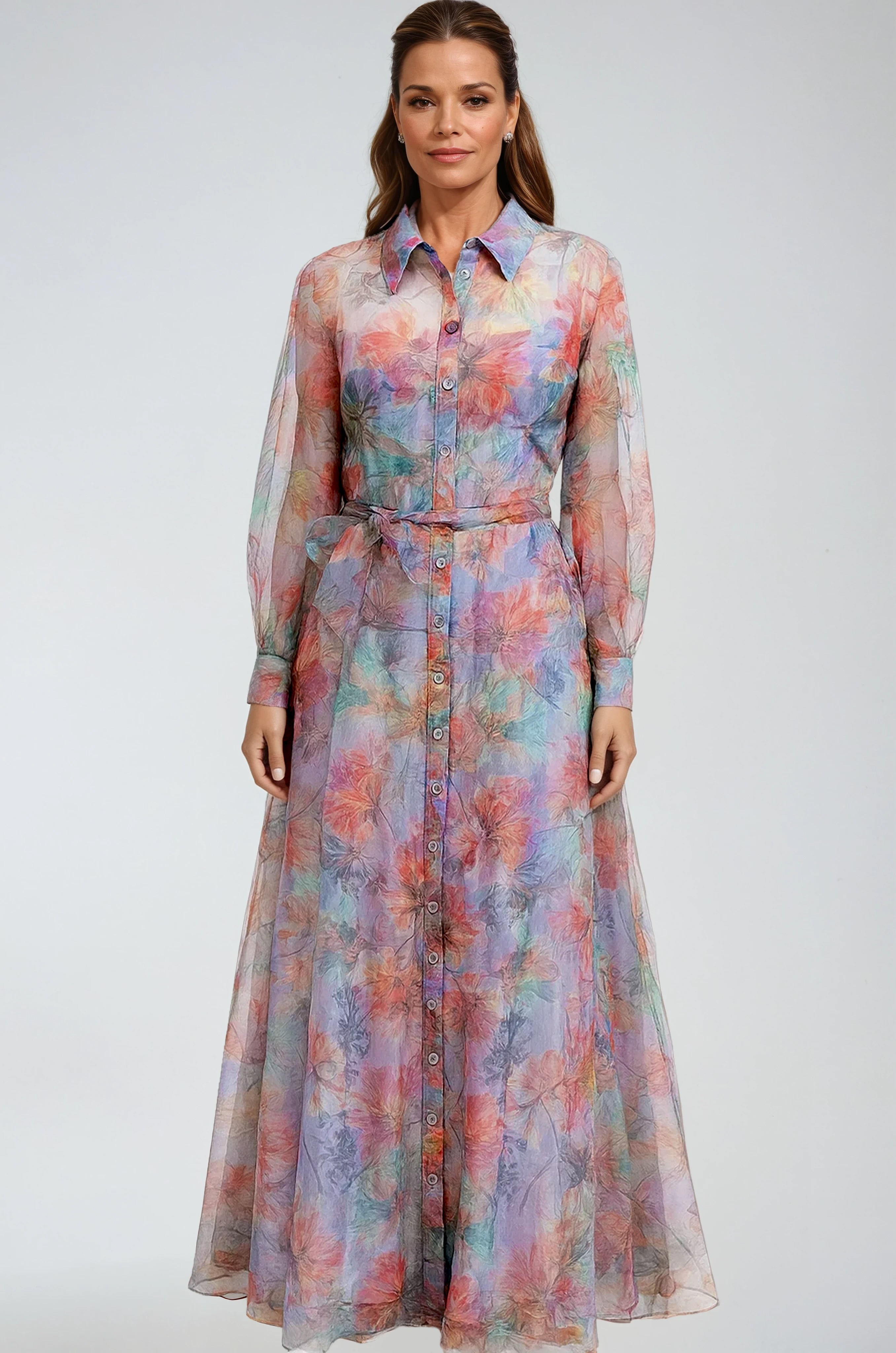Printed Organza Button Front Shirt Gown Gown Rene Ruiz Collection